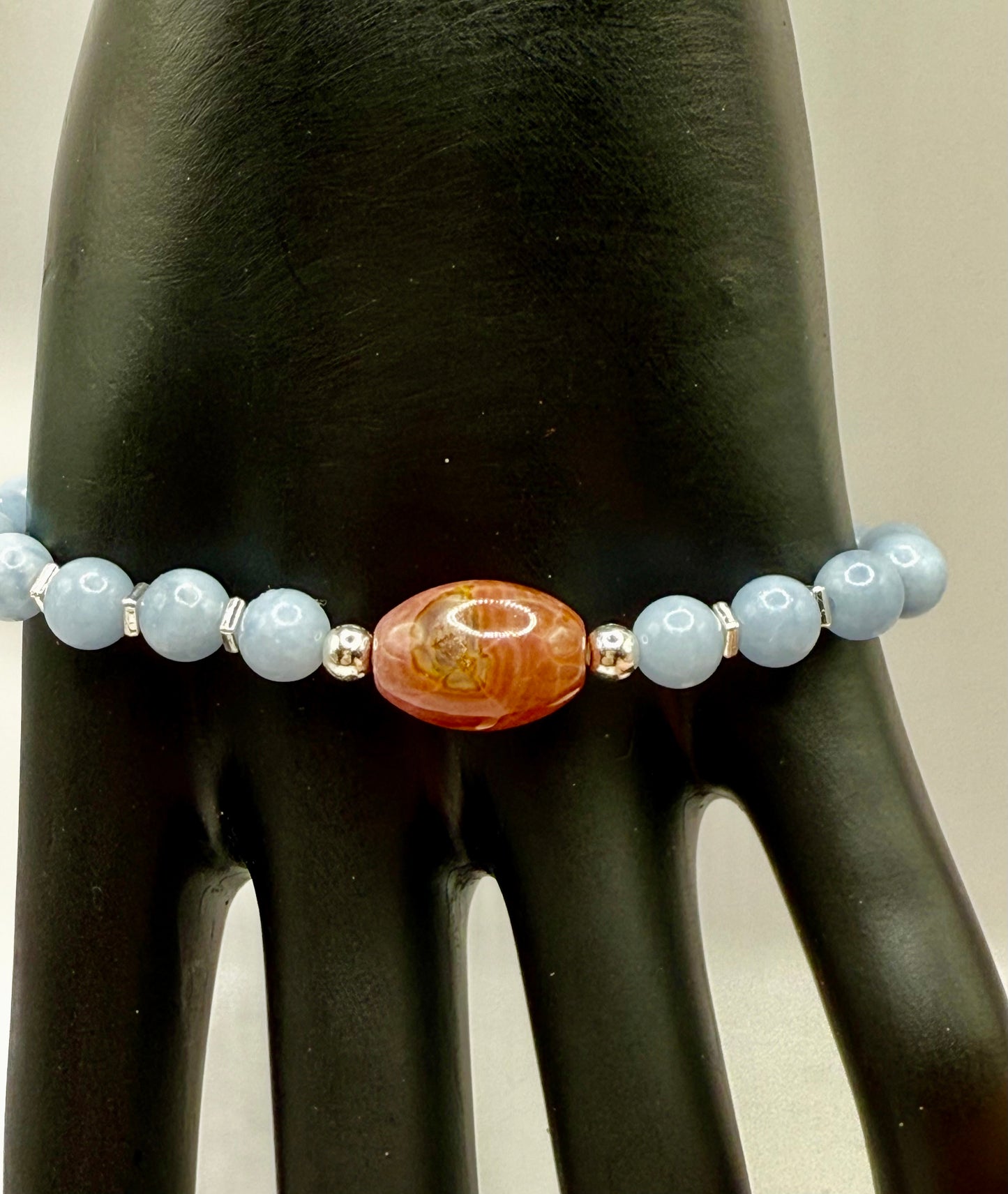 Angelite & Coral Jade Bracelet – 8” Stretch – Blue Healing Stone Jewelry – Gemstone Bracelet with Free Resizing – Handmade Gift