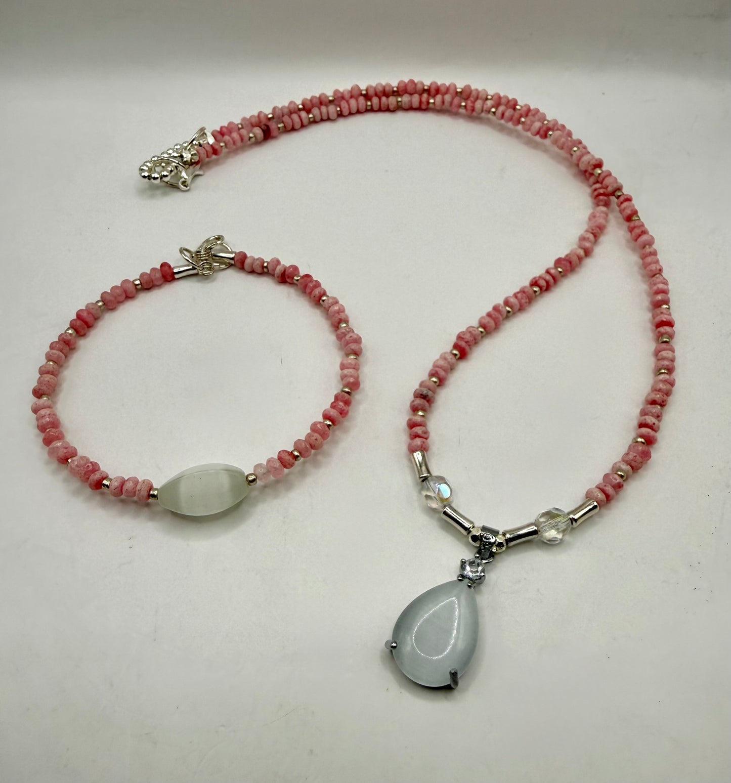 Pink Opal & Moonstone Necklace Set, 20” Teardrop Moonstone Necklace with Matching 7.5” Stretch Bracelet