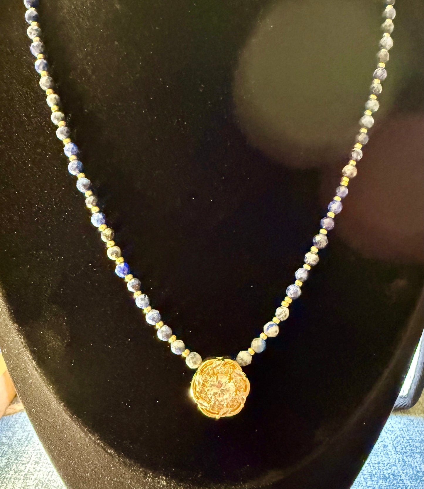 20” Lapis Lazuli Necklace with Gold Crystal Focal Pendant | Handmade Gemstone Jewelry | Elegant Blue Beaded Necklace for Women