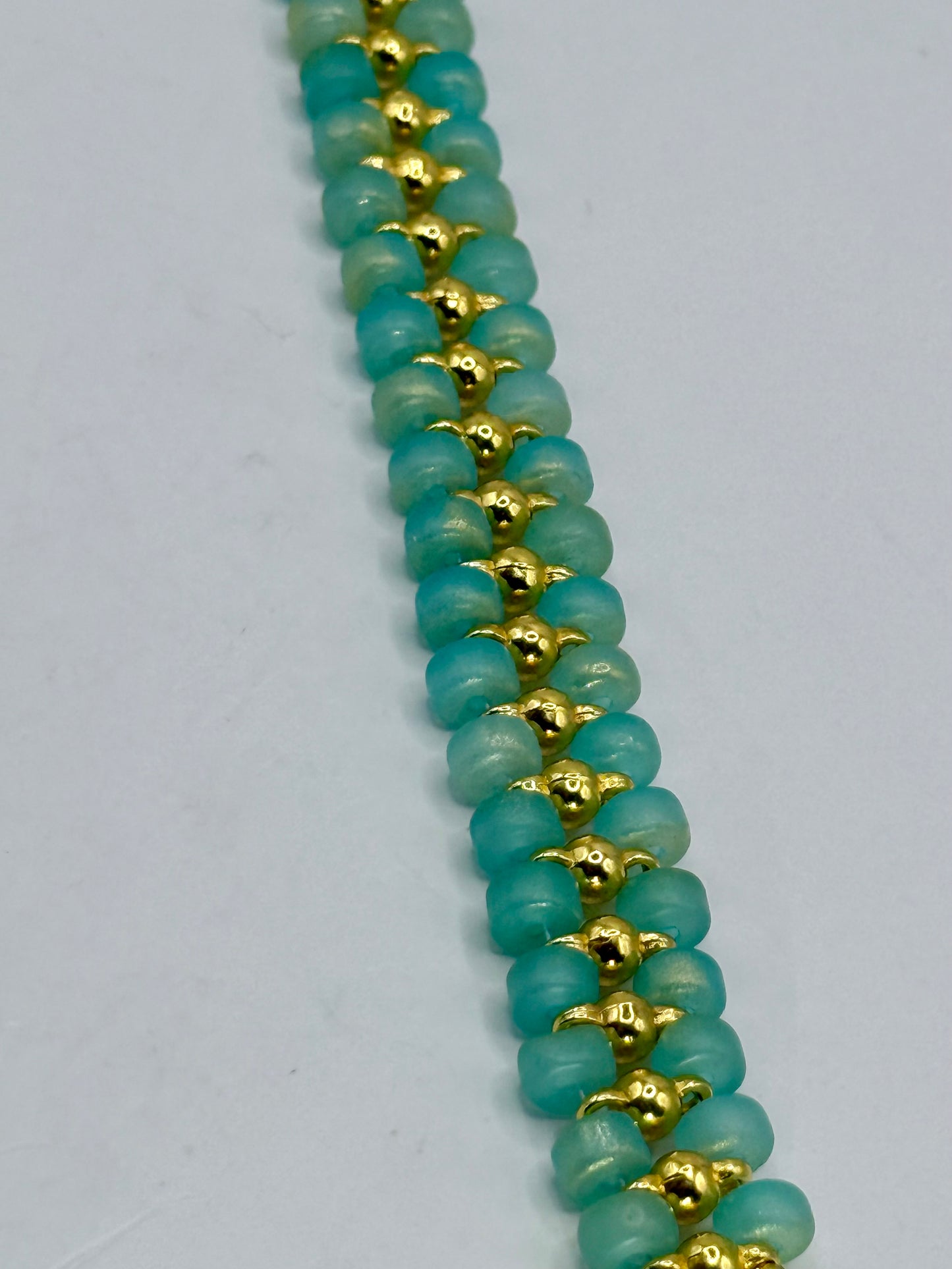 Aqua Blue and Gold Beaded Bracelet – 8” Handmade Glass Bead Bracelet with Gold Accents – Elegant Statement Jewelry