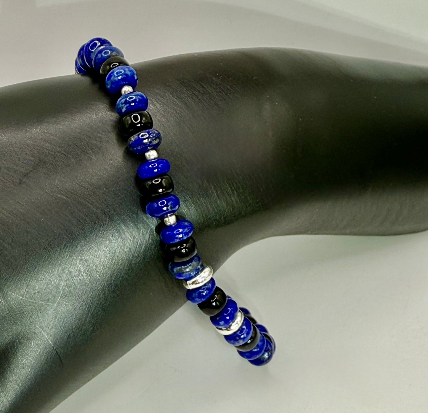Lapis Lazuli and Onyx Stretch Bracelet – 7” Handmade Gemstone Jewelry – Healing Crystal Bracelet – Unisex Beaded Bracelet