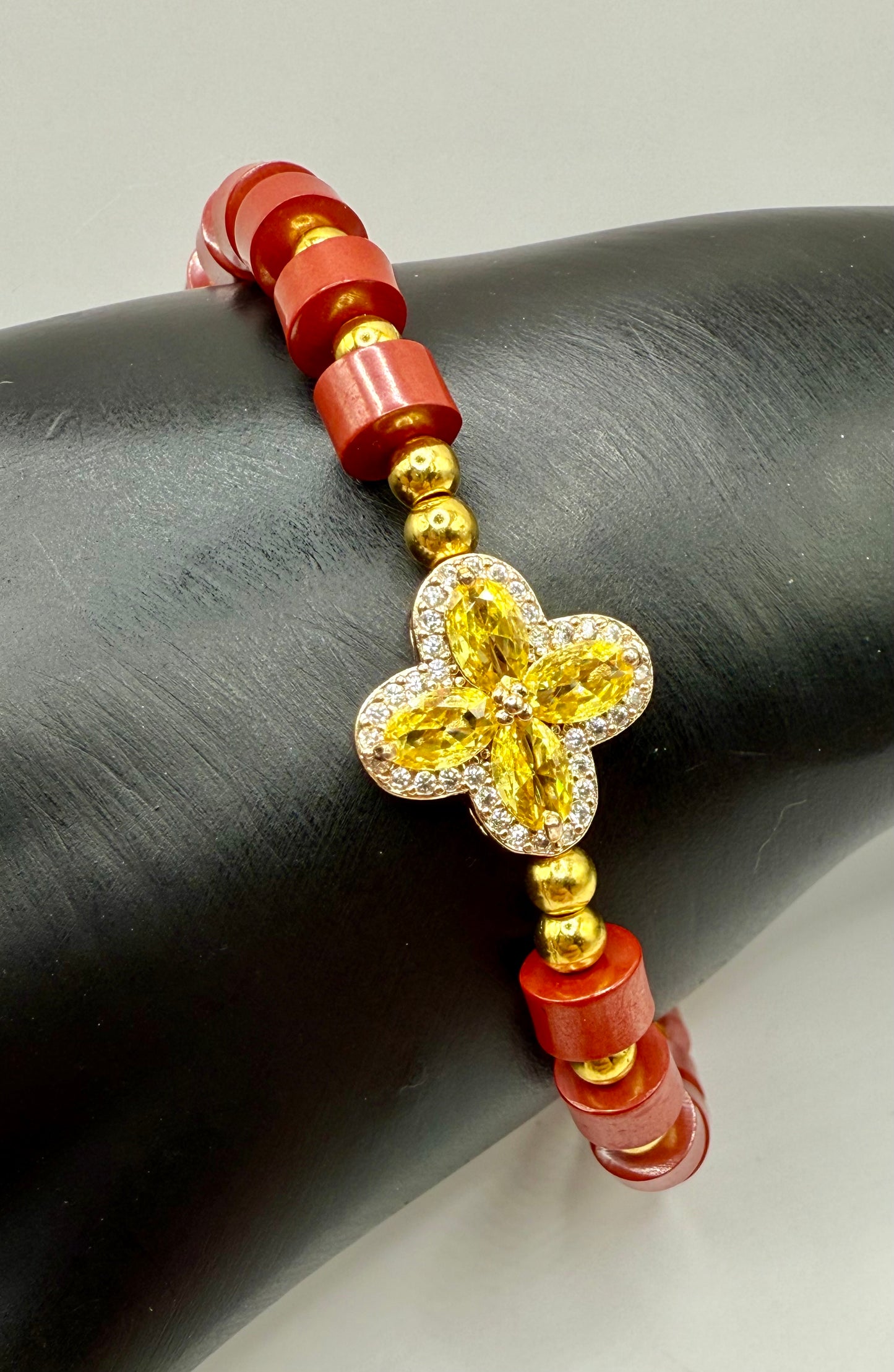 8” Cinnabar Stretch Bracelet with Yellow Floral Focal – Handmade, Free Resizing Available