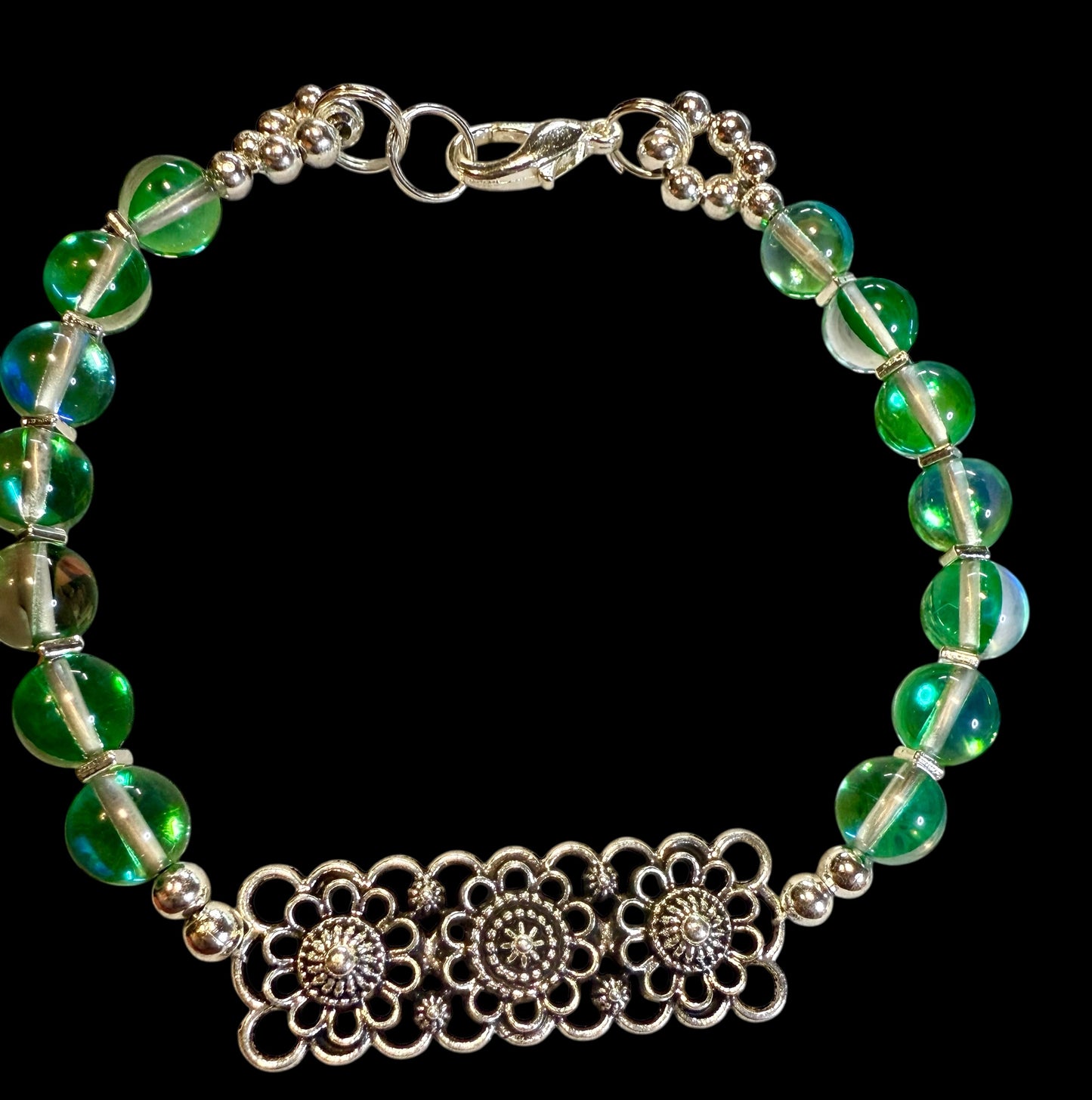 Green Mermaid Glass and Floral Connector Bracelet 7.5"