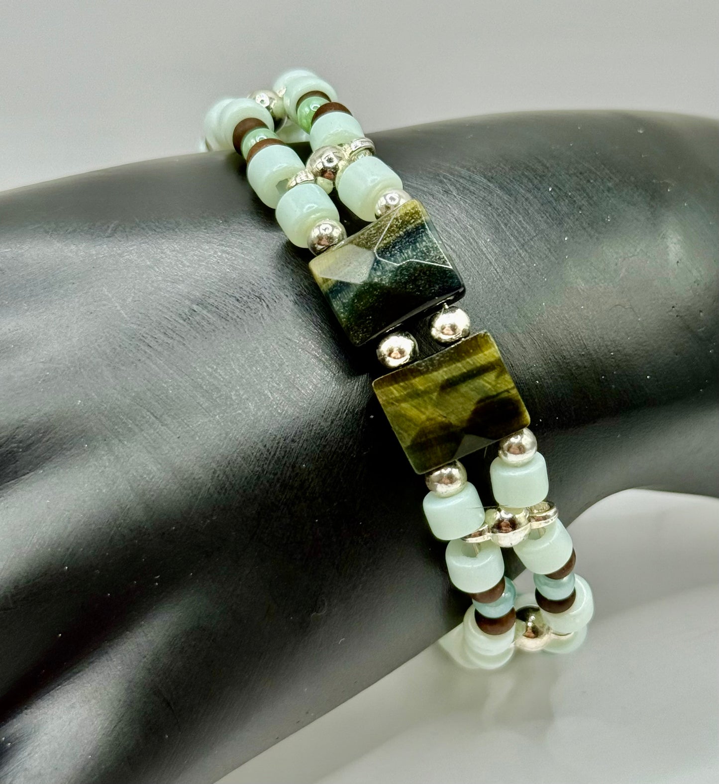 7.75” Double Banded Tiger Eye Clasp Bracelet – Flashing Gemstone, Handmade Boho Jewelry