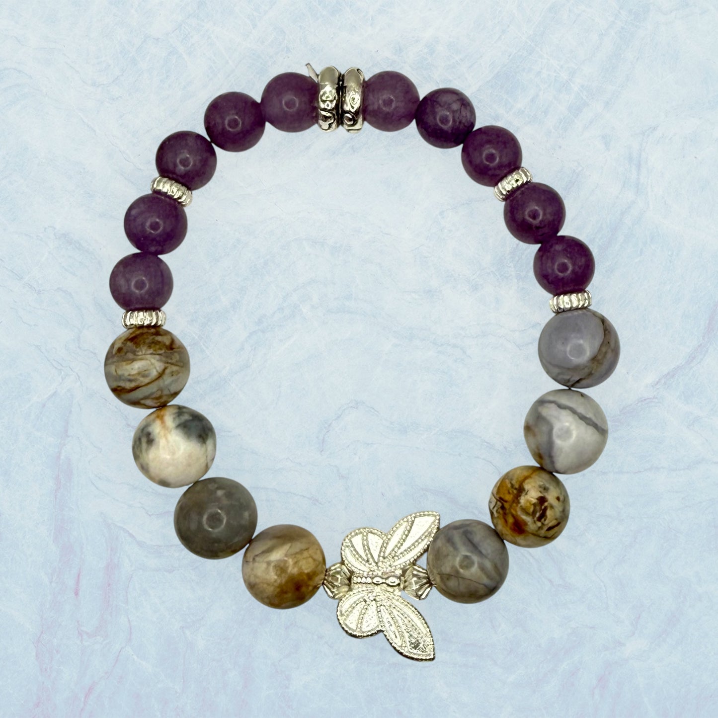 Amethyst Agate and Amethyst Butterfly Bracelets 7.5" Wired and Stretch