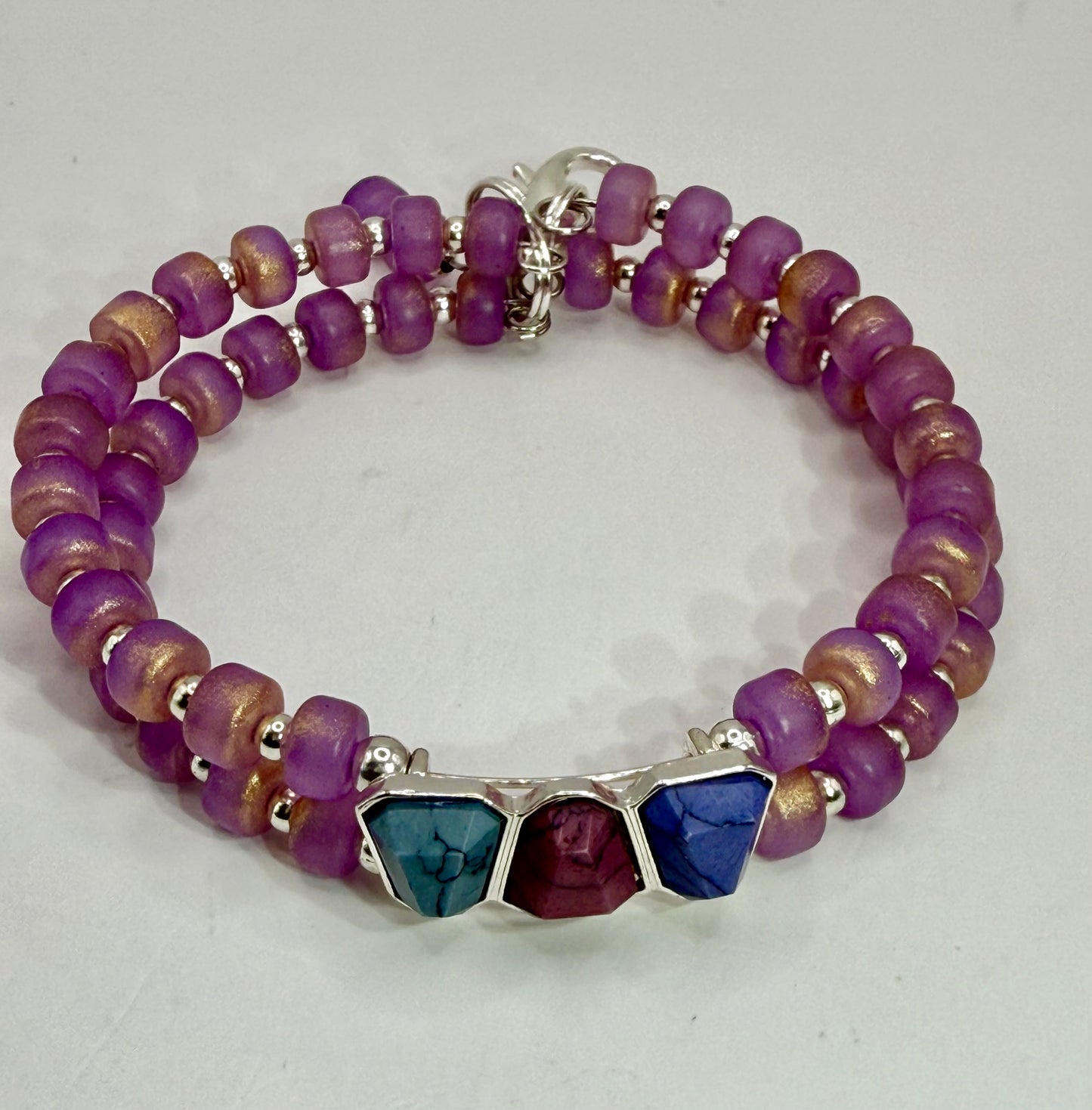 8” Double Banded Beaded Bracelet with Multi-Color Gemstone Focal | Purple Gold Beads | Handmade Jewelry | Free Resizing
