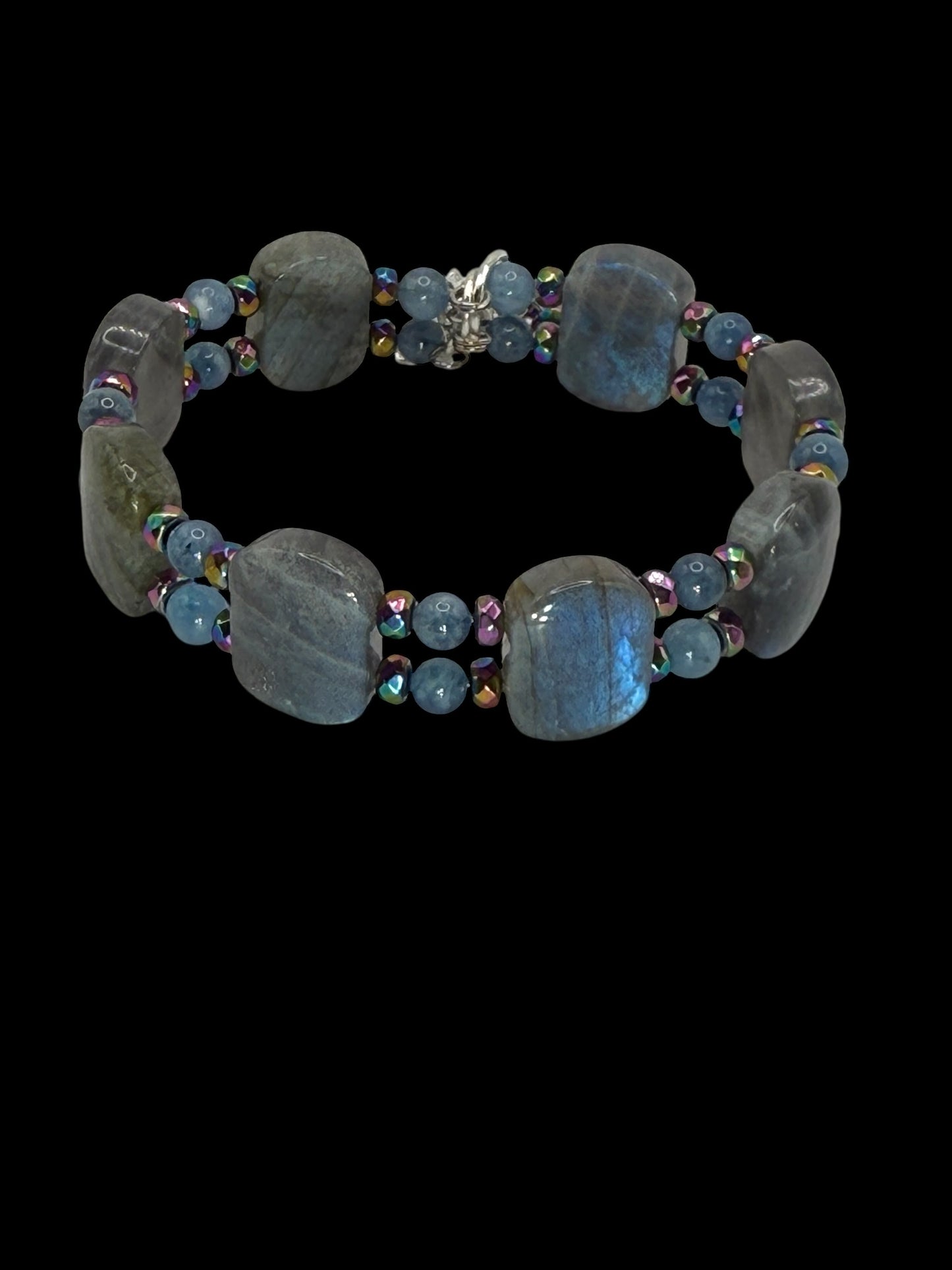 Labradorite Aquamarine Rainbow Hematite Double Bangle Bracelet | Adjustable 7.75–8” Clasp | Handmade Gemstone Jewelry