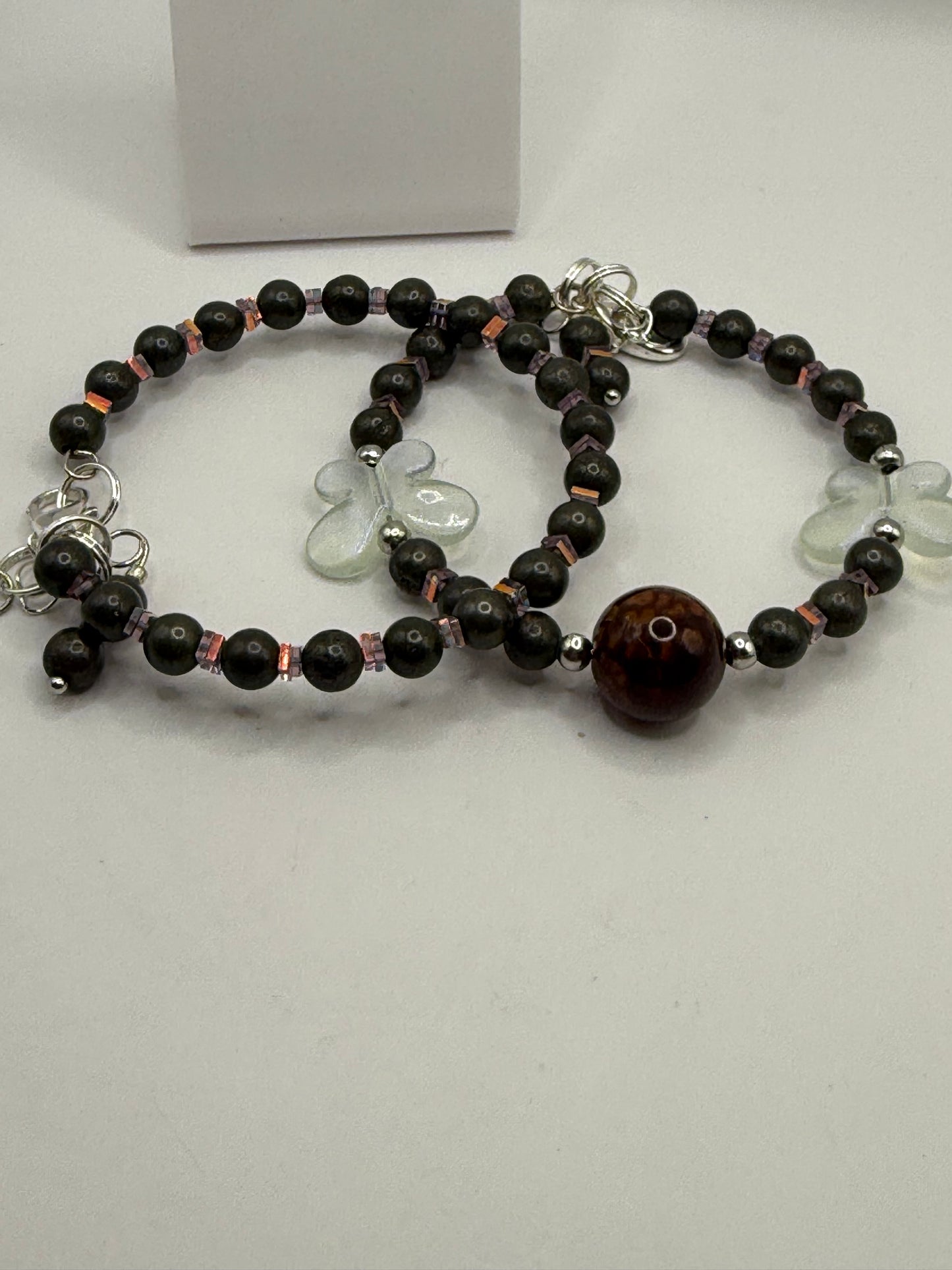 7.5” Dragon Vein Agate and Pyrite Bracelet Set with Iridescent Butterfly Charms | Handmade Gemstone Jewelry + Free Matching Earrings
