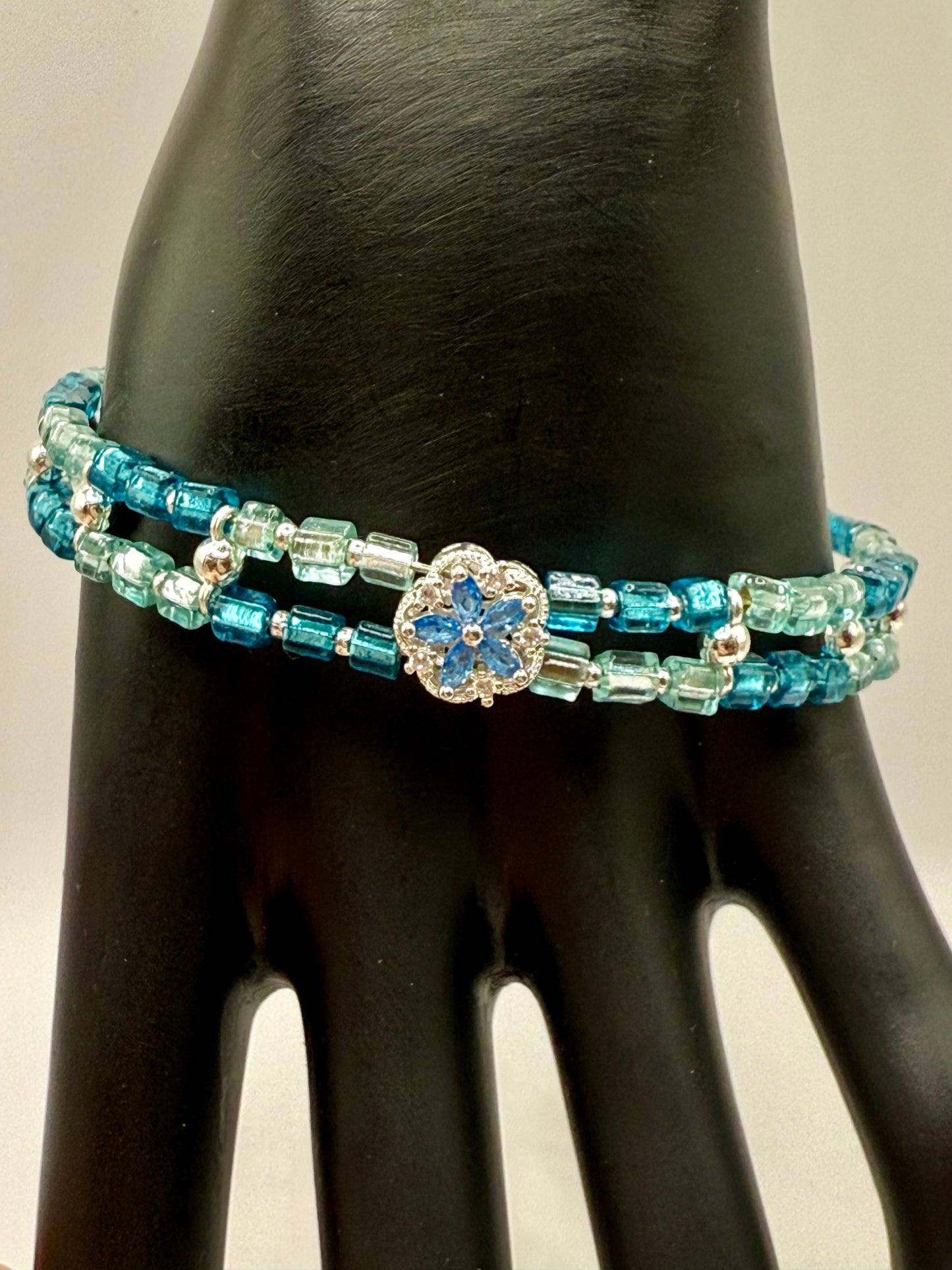 7.5” Aqua & Teal Glass Beaded Bracelet with Silver Flower Focal – Double Strand Clasp Bracelet