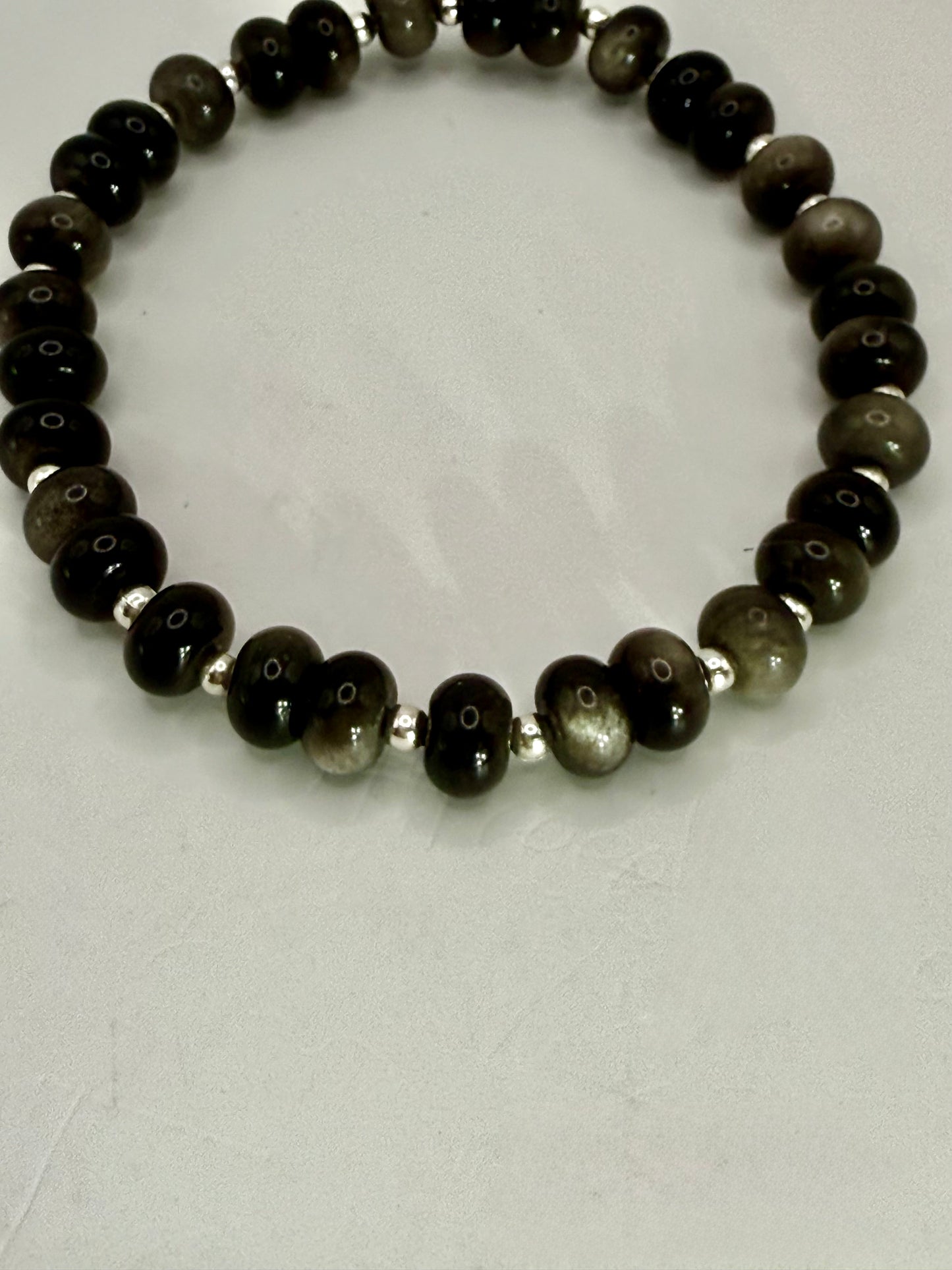 Silver Obsidian Bracelet – 7.5" Stretch Gemstone Bracelet – Unisex Protection Jewelry – Handmade Crystal Beaded Bracelet