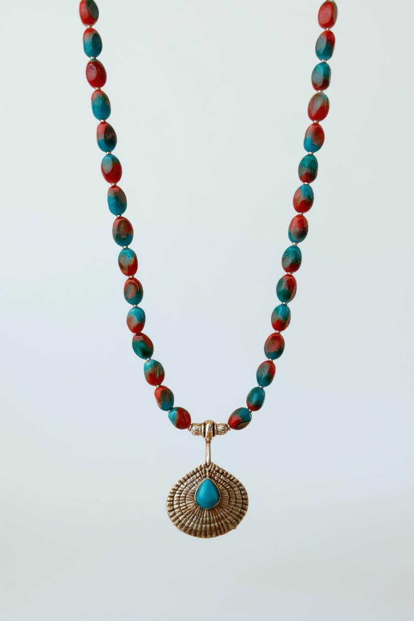 Turquoise & Coral Glass Bead Necklace – 22” Sunburst Pendant Statement Necklace – Southwestern Boho Jewelry – Handmade Gift for Her
