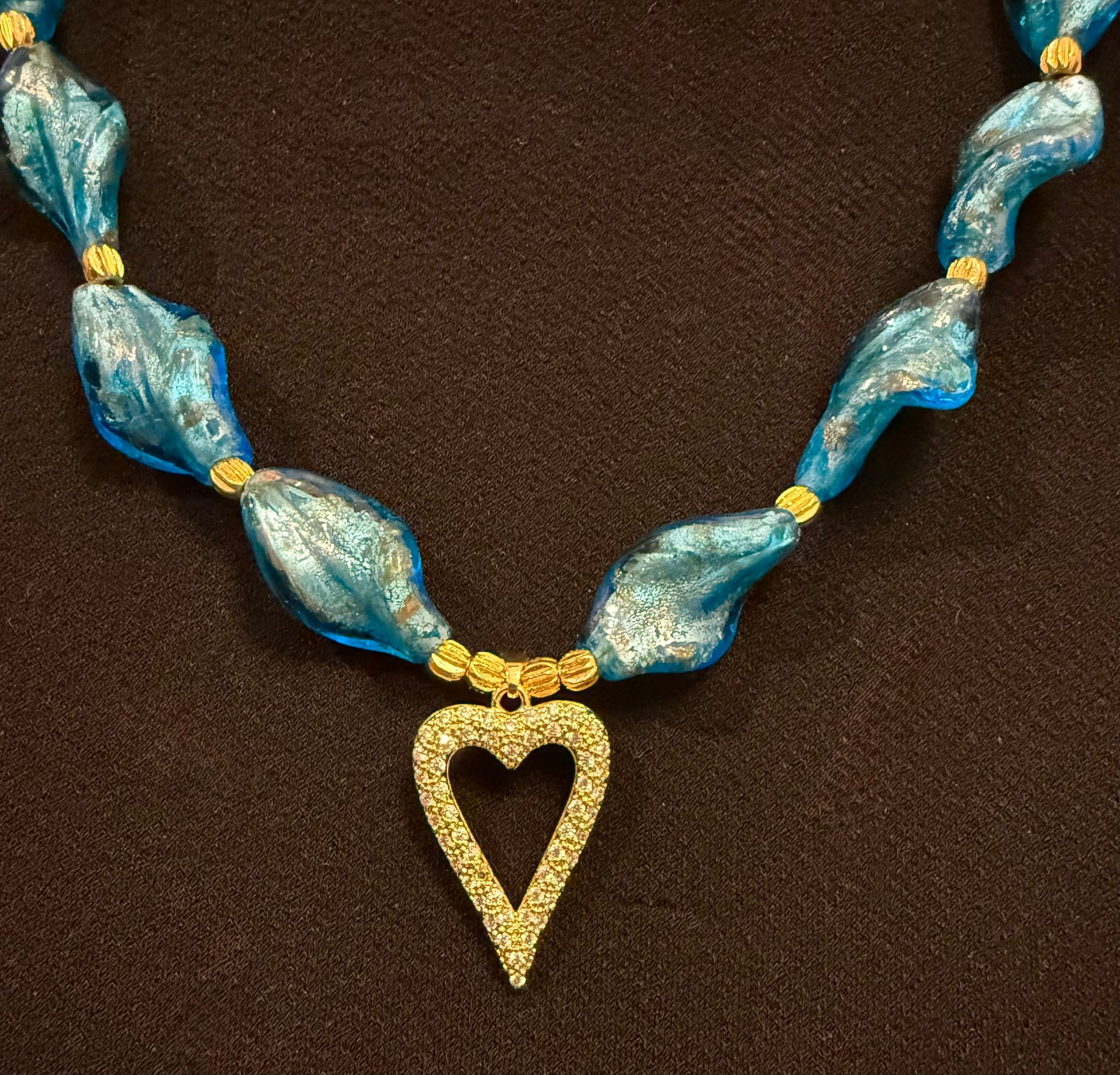 Blue Glass Beaded Necklace and Bracelet Set | 20 Inch Handmade Necklace | Elastic Bracelet | Gold Heart Charm Jewelry | Gift for Her