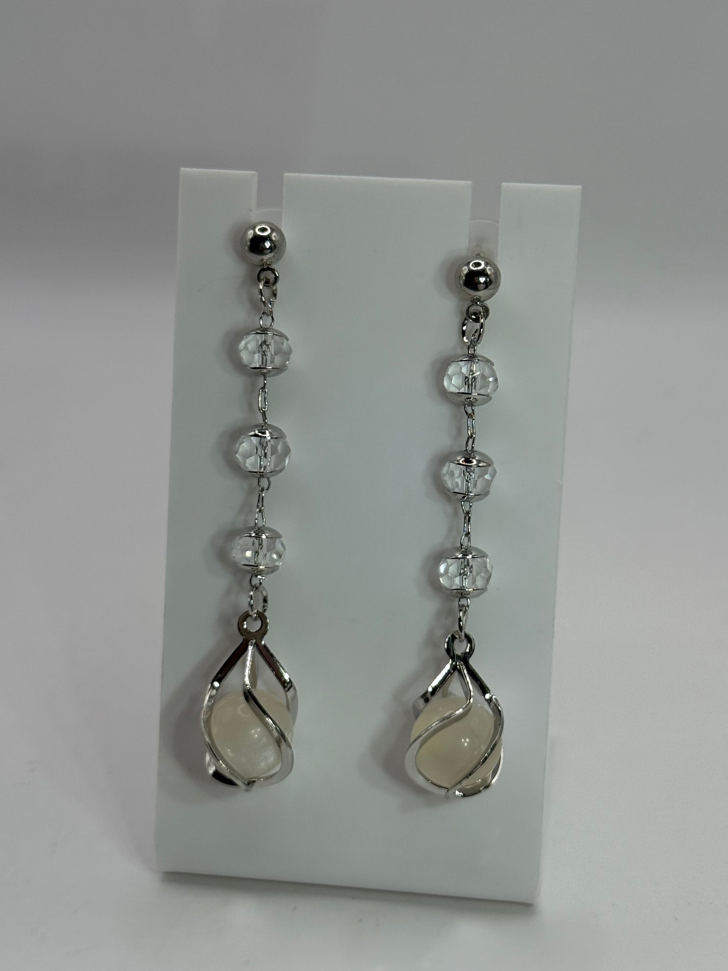 Crystal Bead and White Stone Drop Earrings – Silver Long Dangle Jewelry