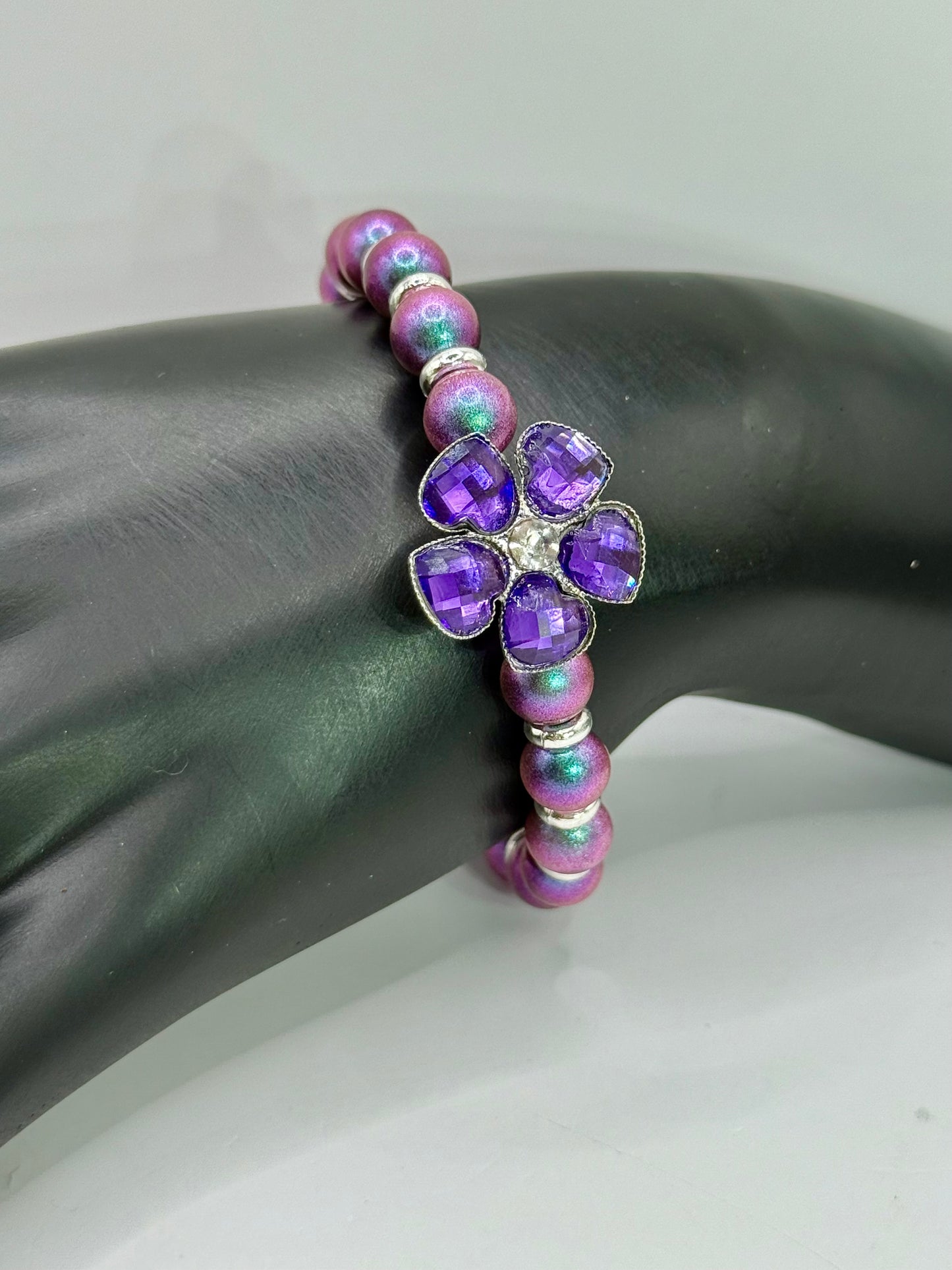 Purple Flower Bracelet – 7.75” Clasp Bracelet | Handmade Beaded Jewelry | Violet Crystal Floral Bracelet | Gift for Her