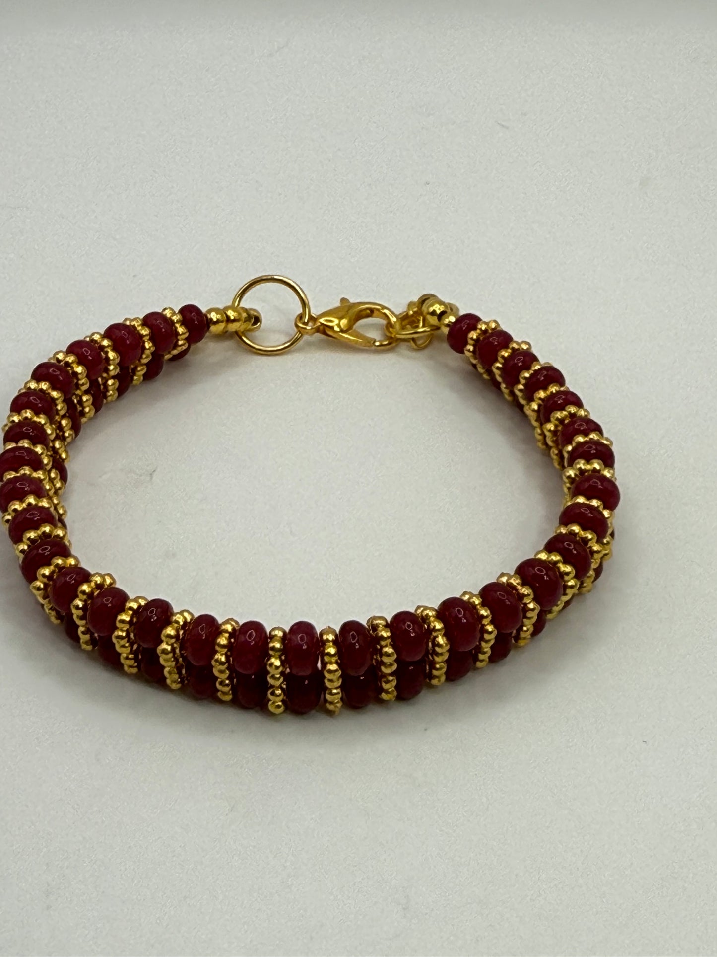 Cherry Quartz & Gold Beaded Bracelet – 7.75” Adjustable Clasp – Handmade Gemstone Jewelry – Free Resizing