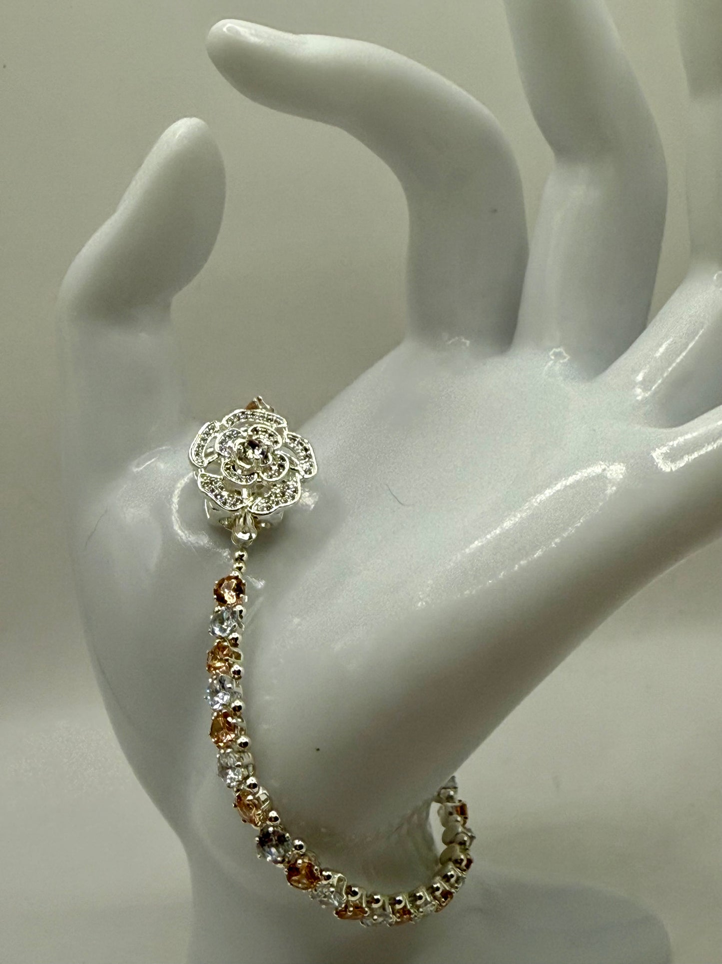 7” Rhinestone Bracelet with Spinner Rose Focal – Elegant Two-Tone CZ Crystal Jewelry