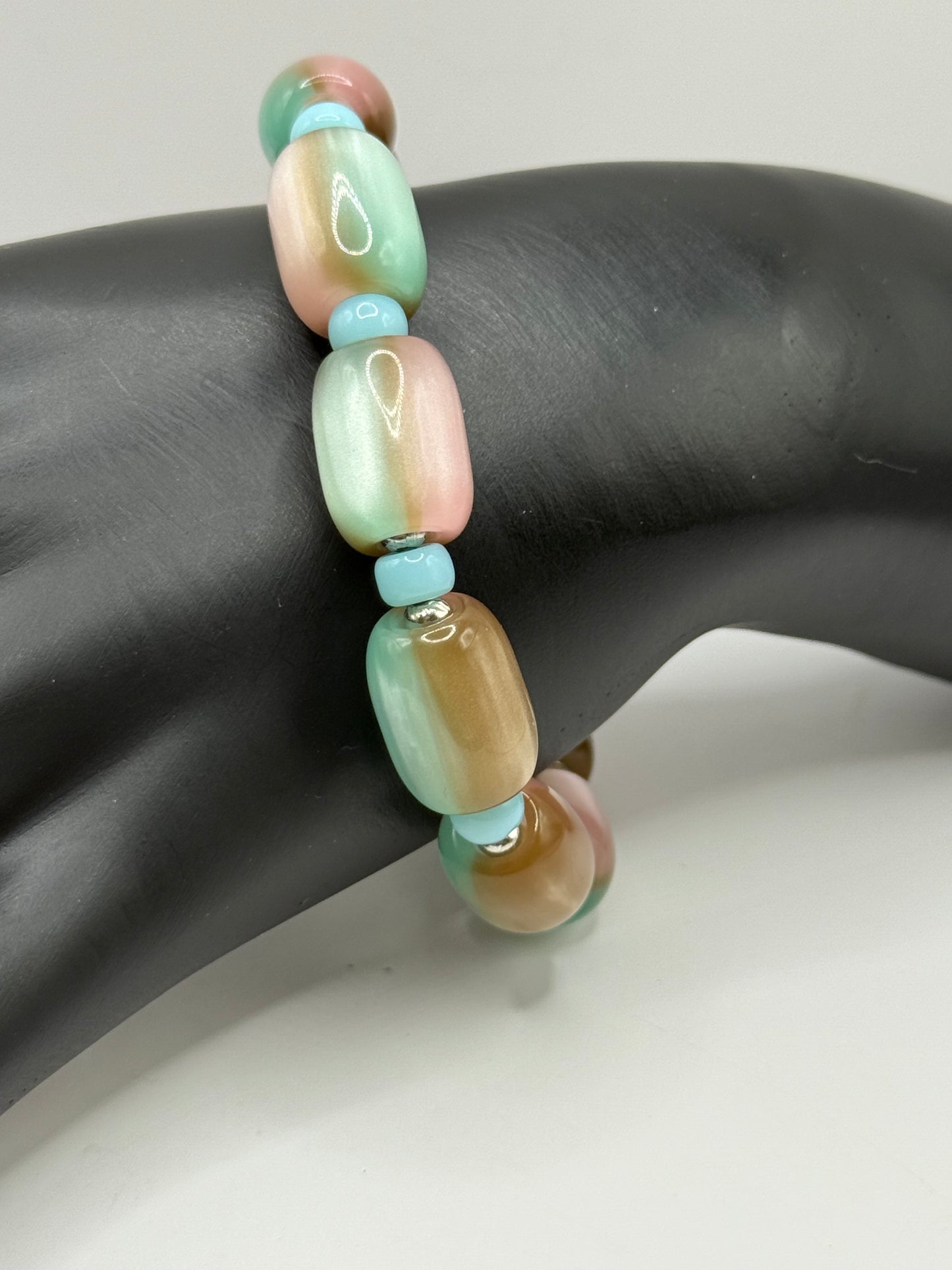 Chunky Resin Barrel Bead Stretch Bracelet | Colorful Retro and Beach Fusion Statement Jewelry | Handmade 7” Beaded Bracelet (Custom Sizing Available)