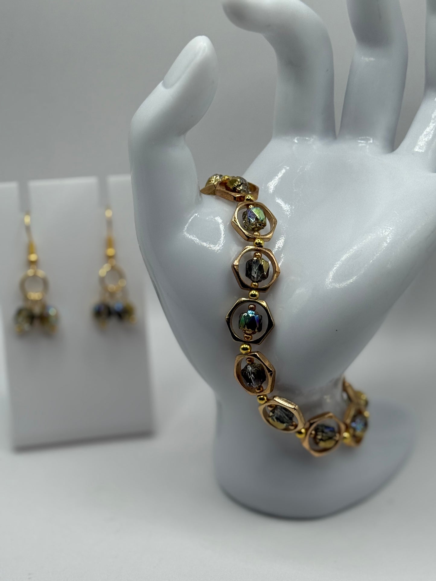 Golden Tone Lantern Bead Bracelet | 7.75” Stretch Bracelet with Iridescent Rainbow Beads | Elegant Boho Jewelry by LuckyCharm Boutique TX