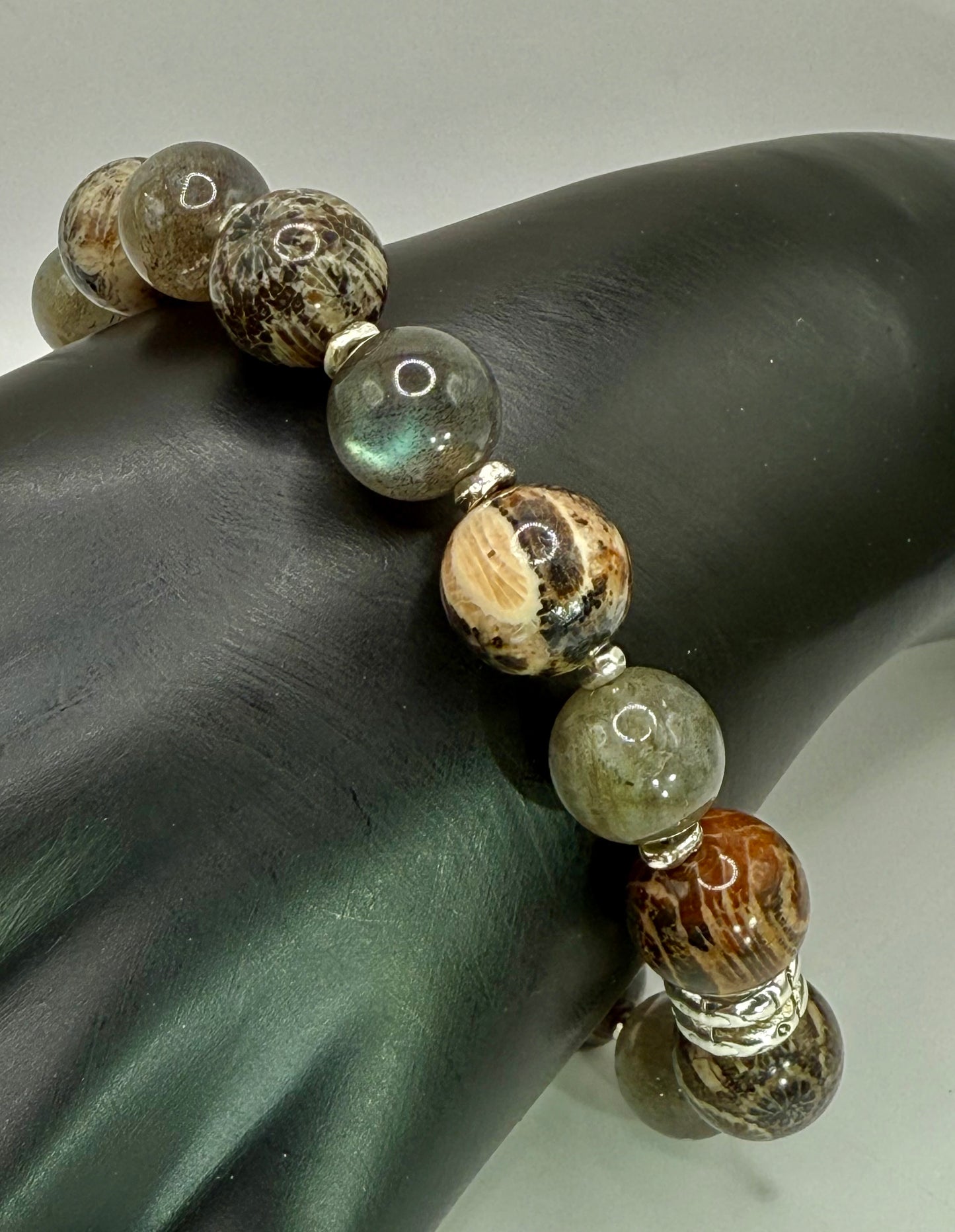 Labradorite and Coral Jade Gemstone Bracelet 7.5” | Stretch Bracelet | Boho Chic Energy Jewelry | Handmade by LuckyCharm Boutique