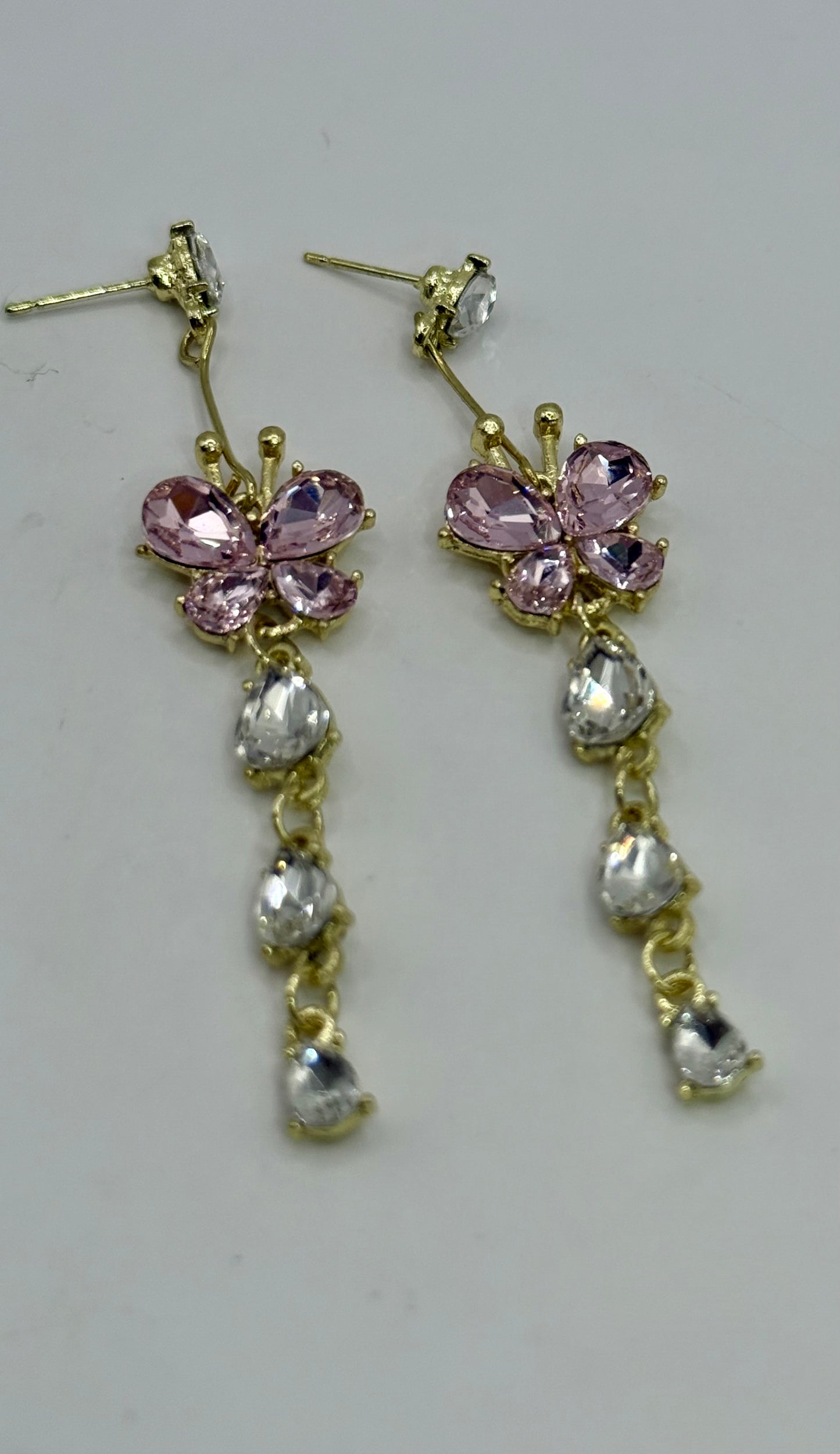 Pink Butterfly Drop Earrings – Crystal Rhinestone Dangle Earrings, Gold Tone Statement Jewelry, Elegant Gift for Her