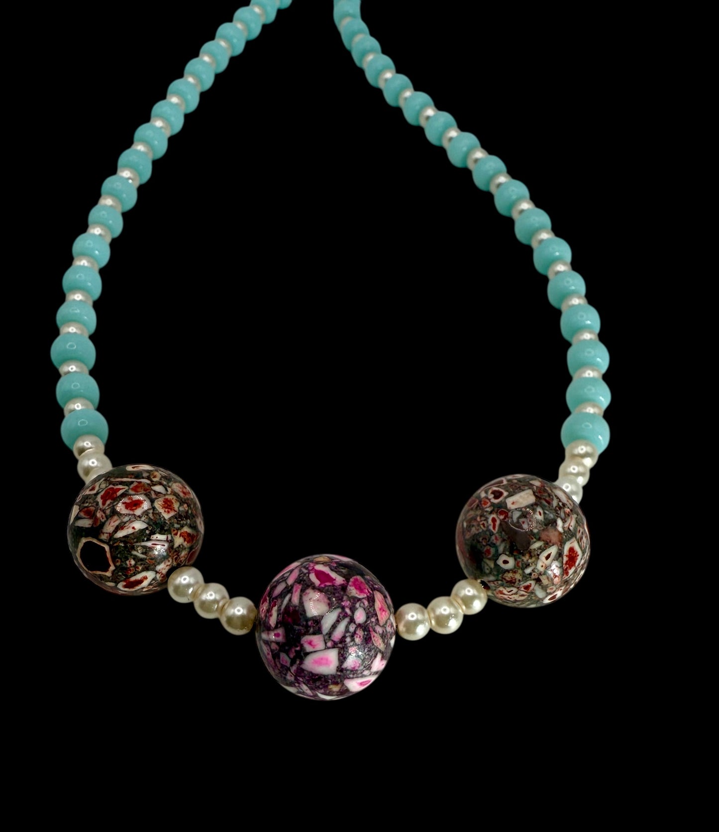 20” Blue Jade Beaded Necklace with Daqi Focal Beads – Unique Statement Jewelry, Bold Mosaic Beads, Handmade Gift for Her