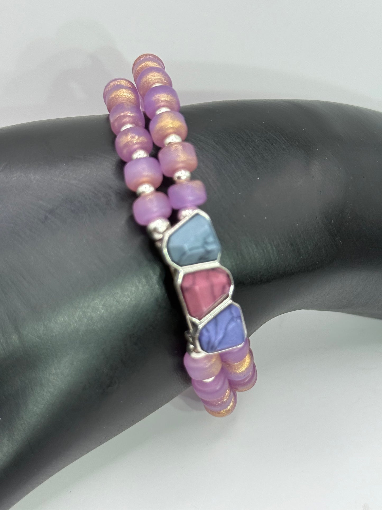 8” Double Banded Beaded Bracelet with Multi-Color Gemstone Focal | Purple Gold Beads | Handmade Jewelry | Free Resizing