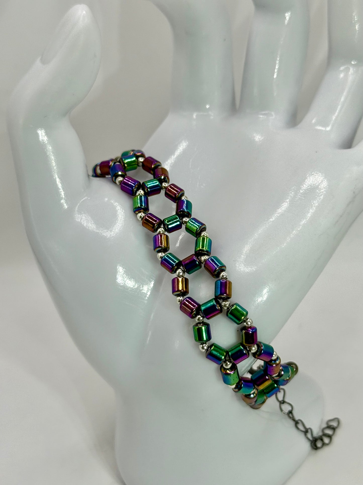 Rainbow Hematite Geometric Bracelet – 7.75” Handmade Beaded Jewelry, Unisex Colorful Bracelet, Unique Gift for Her or Him