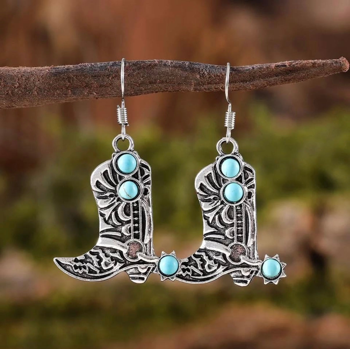 Turquoise Howlite Western Boot Earrings – Silver Plated Statement Dangles