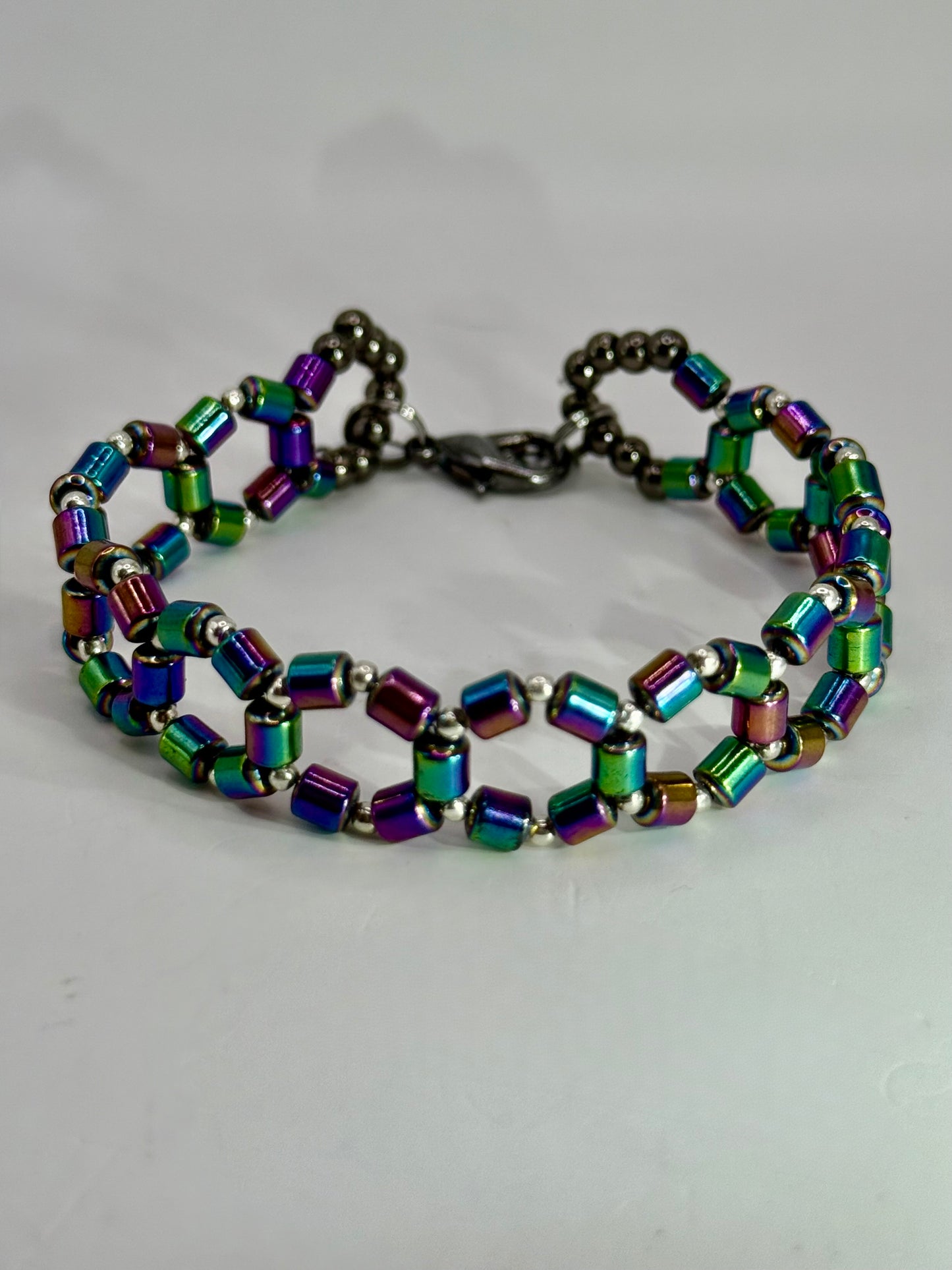 Rainbow Hematite Geometric Bracelet – 7.75” Handmade Beaded Jewelry, Unisex Colorful Bracelet, Unique Gift for Her or Him