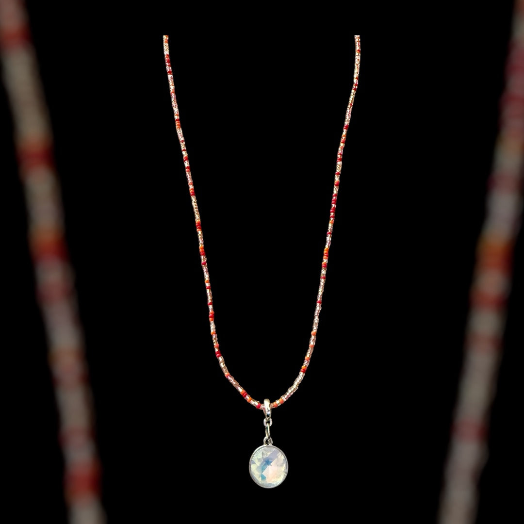 20” Delicate Czech Glass Beaded Necklace with Iridescent Pendant – Handmade Boho Jewelry