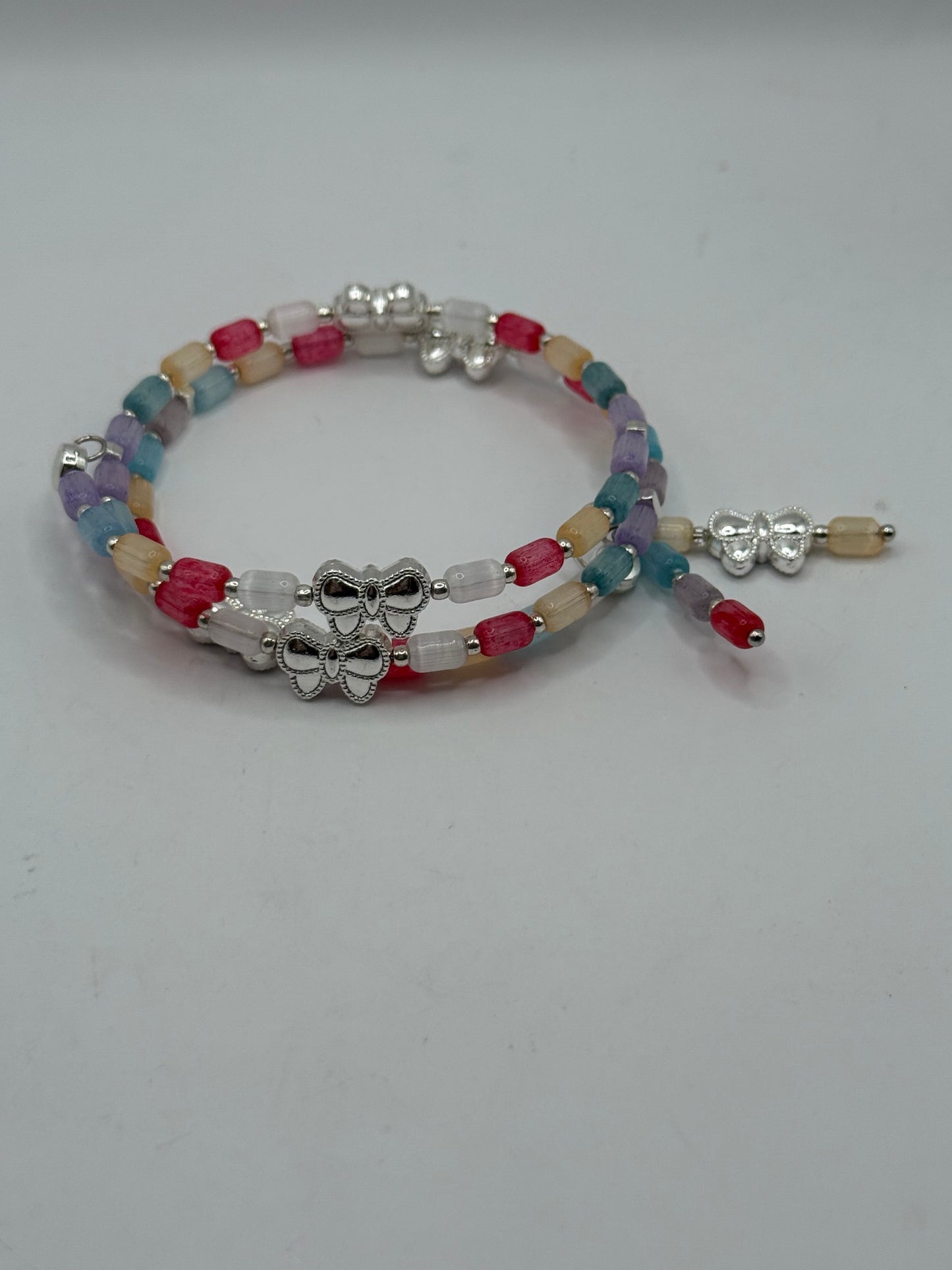 Colorful Cat Eye Beaded Wrap Bracelet with Silver Butterfly Charms | Adjustable Fit | Handmade Jewelry Gift