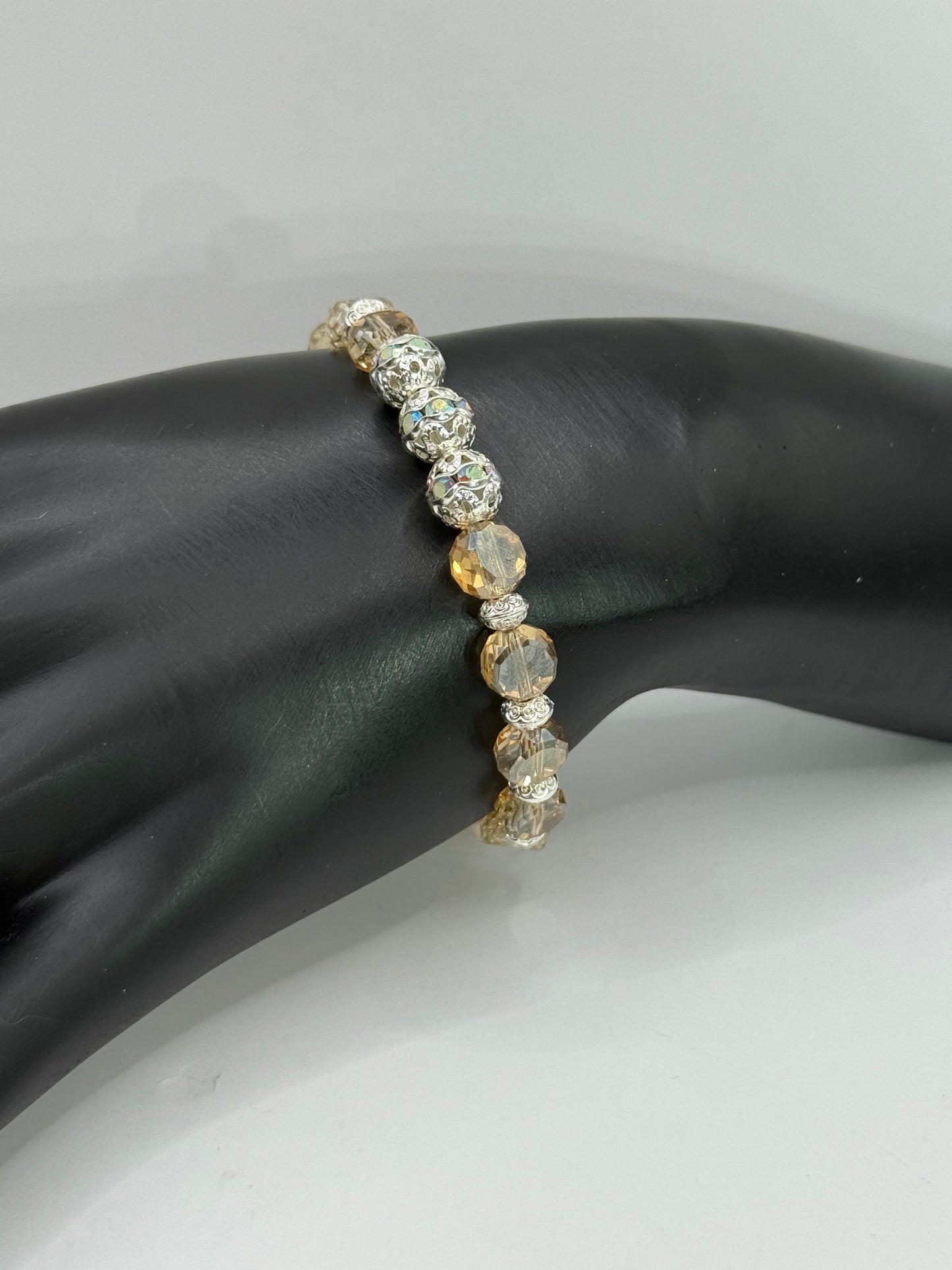 Champagne Glass Bead Bracelet with Silver Accents | 7.5” Clasp | Elegant Handmade Jewelry Gift