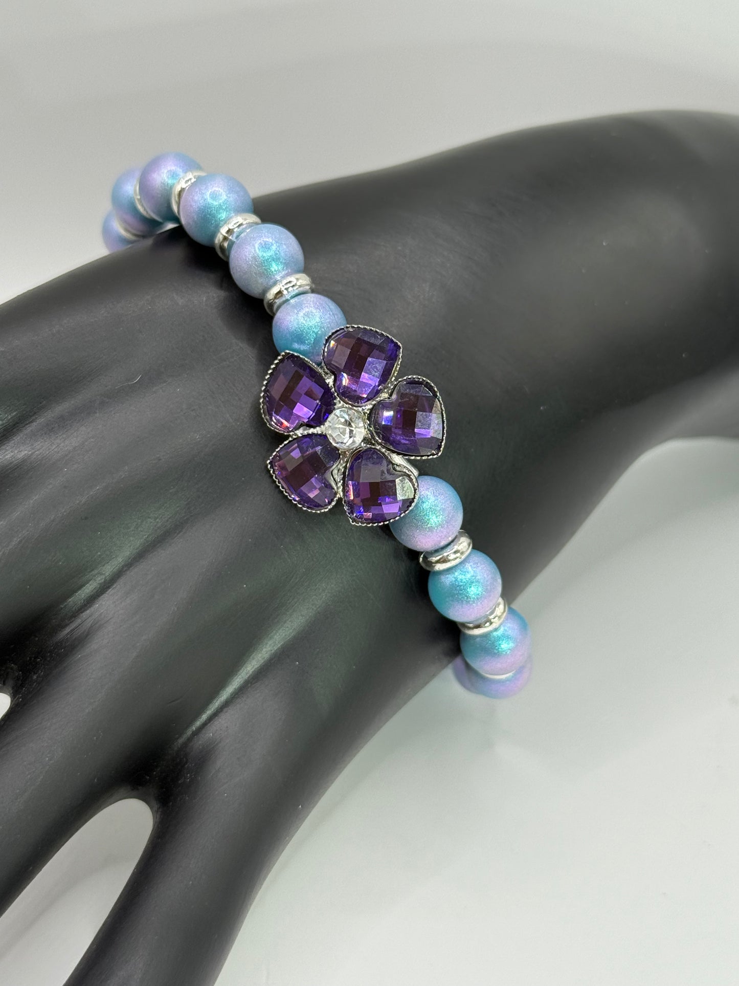 Purple Flower Bracelet – 7.75” Stretch Bracelet | Handmade Beaded Jewelry | Violet Crystal Floral Bracelet | Gift for Her