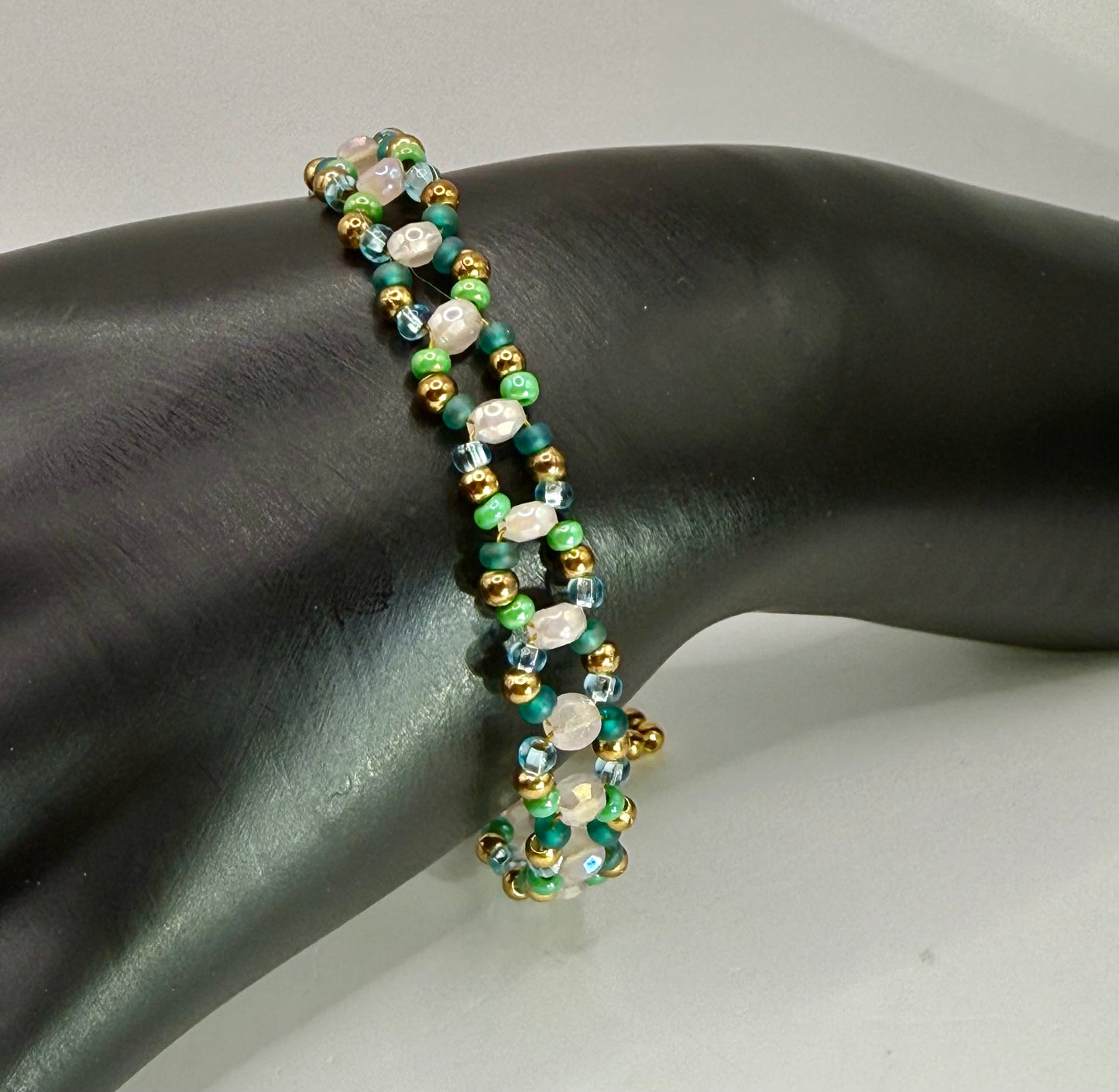 Green & Gold Beaded Bracelet 7.75” | Crystal Glass Clasp Bracelet | Aqua & Emerald Two-Strand Bracelet | Handmade Jewelry Gift for Her