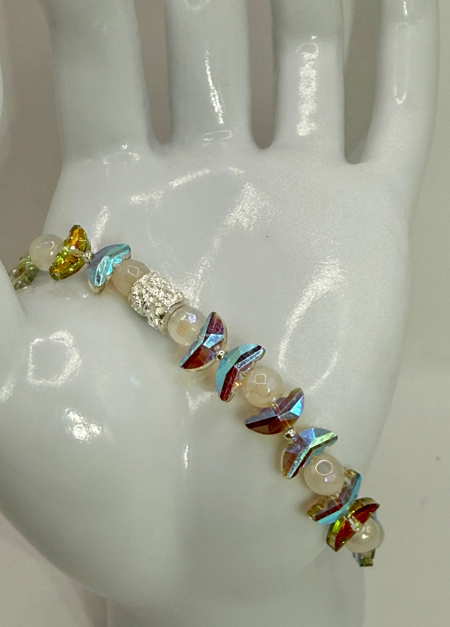 Aura Quartz Butterfly Stretch Bracelet | Electroplated Wing Beads | 8” Adjustable Handmade Jewelry