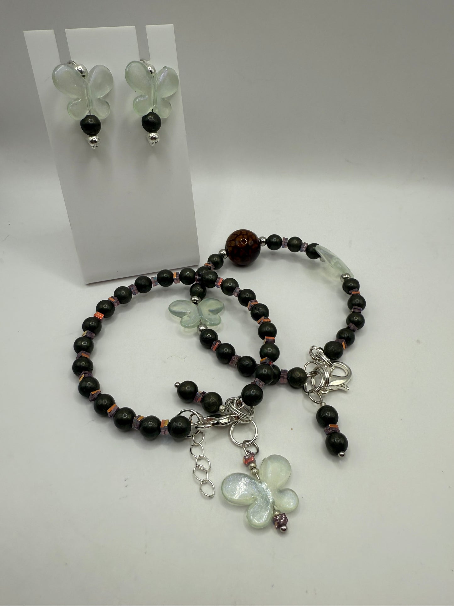 7.5” Dragon Vein Agate and Pyrite Bracelet Set with Iridescent Butterfly Charms | Handmade Gemstone Jewelry + Free Matching Earrings