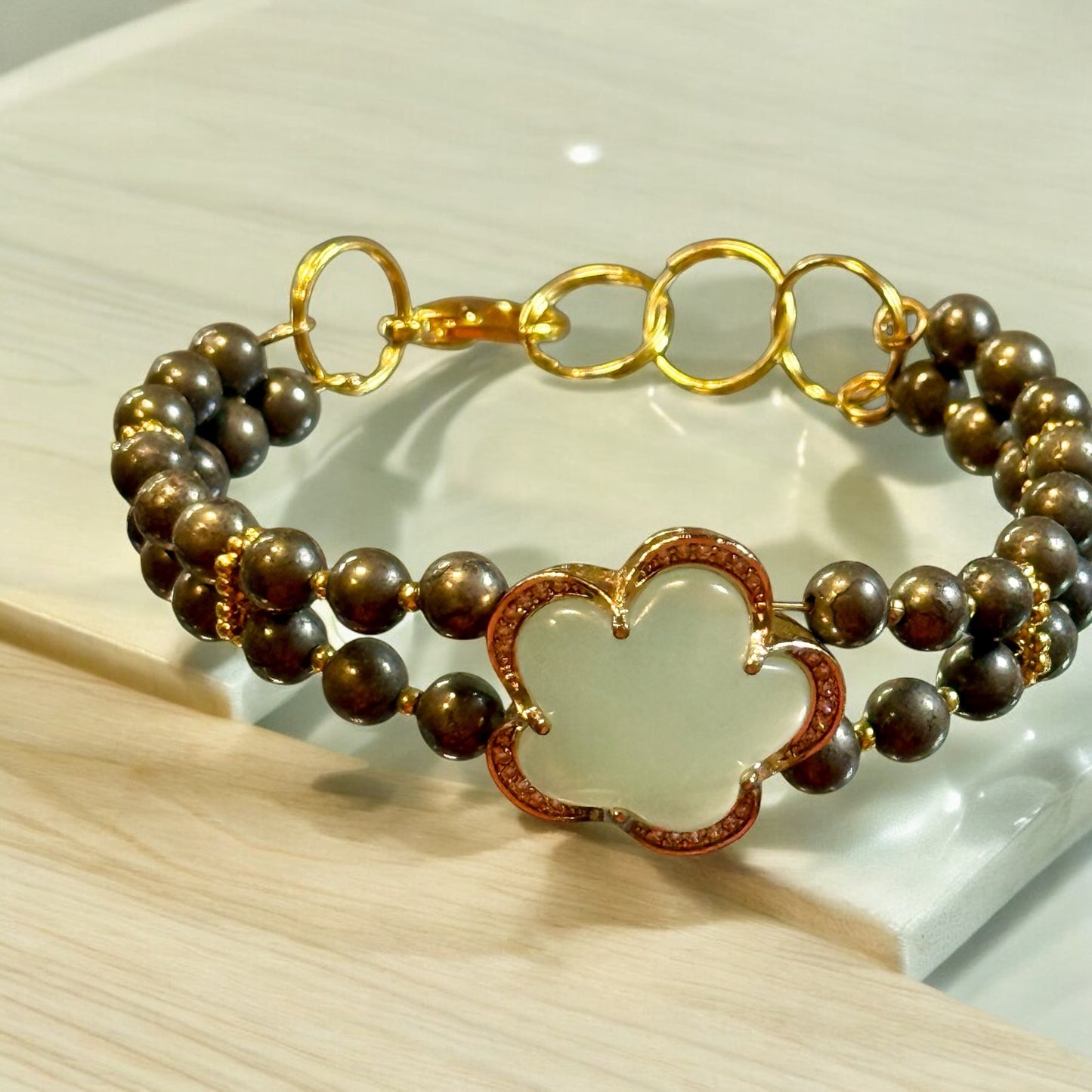 Double Pyrite Bracelet with Green Aventurine Focal 7.75"