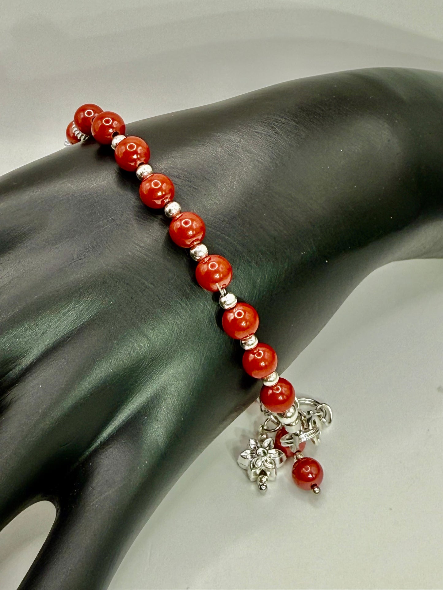 Cinnabar Crystal Bracelet with Silver Accents – 7.75” Red Beaded Jewelry, Adjustable Clasp Bracelet, Handmade Gift for Her