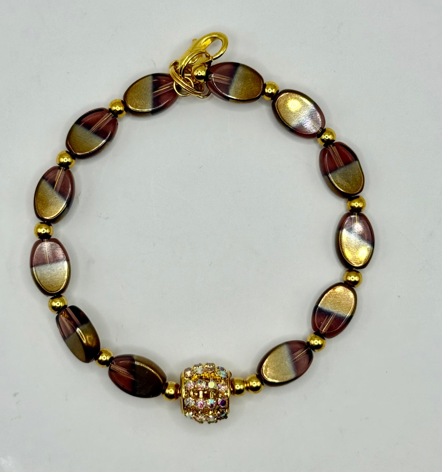 7.5” Gold and Purple Glass Bead Bracelet with Crystal Focal – Handmade Elegant Jewelry Gift