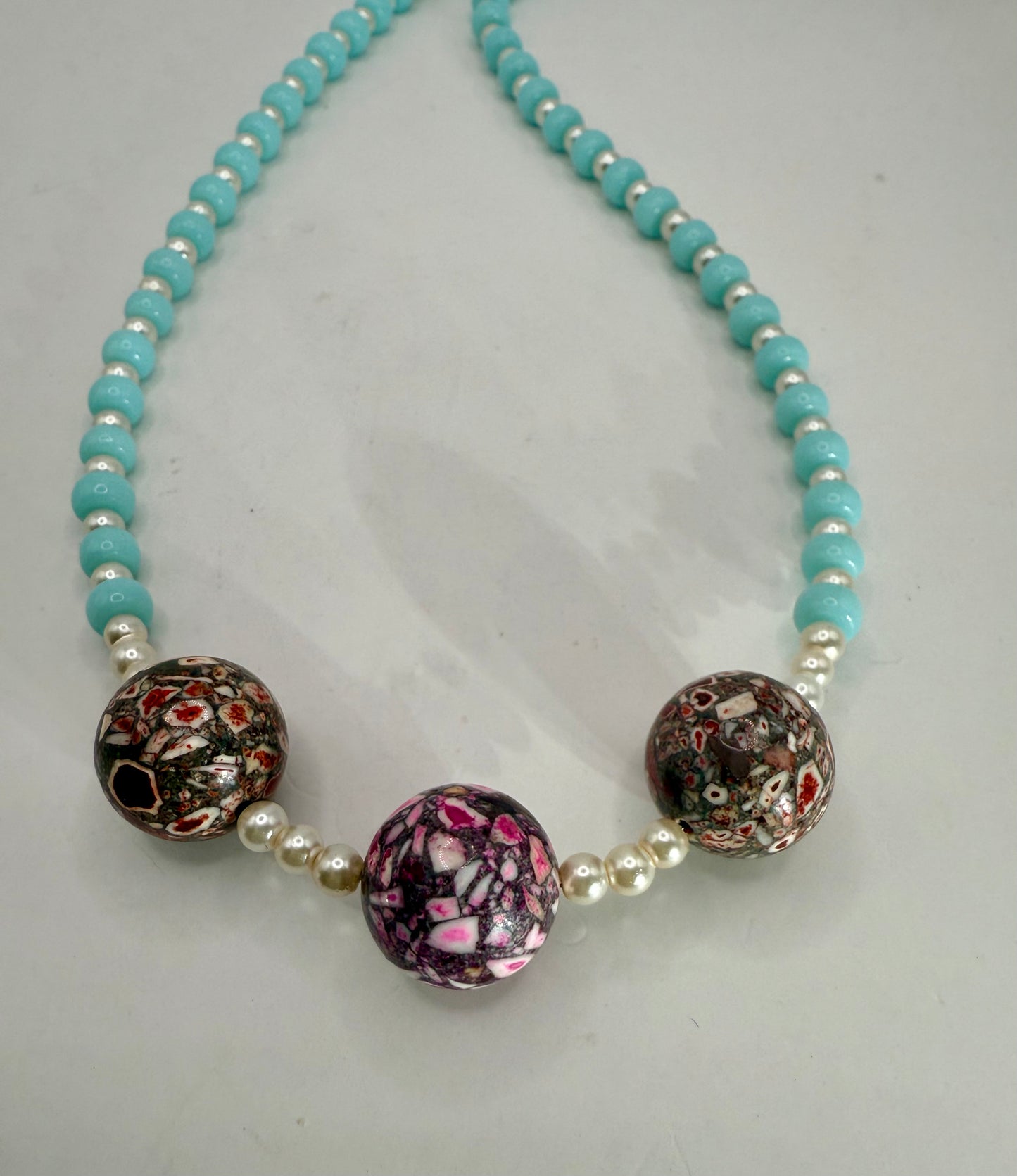 20” Blue Jade Beaded Necklace with Daqi Focal Beads – Unique Statement Jewelry, Bold Mosaic Beads, Handmade Gift for Her