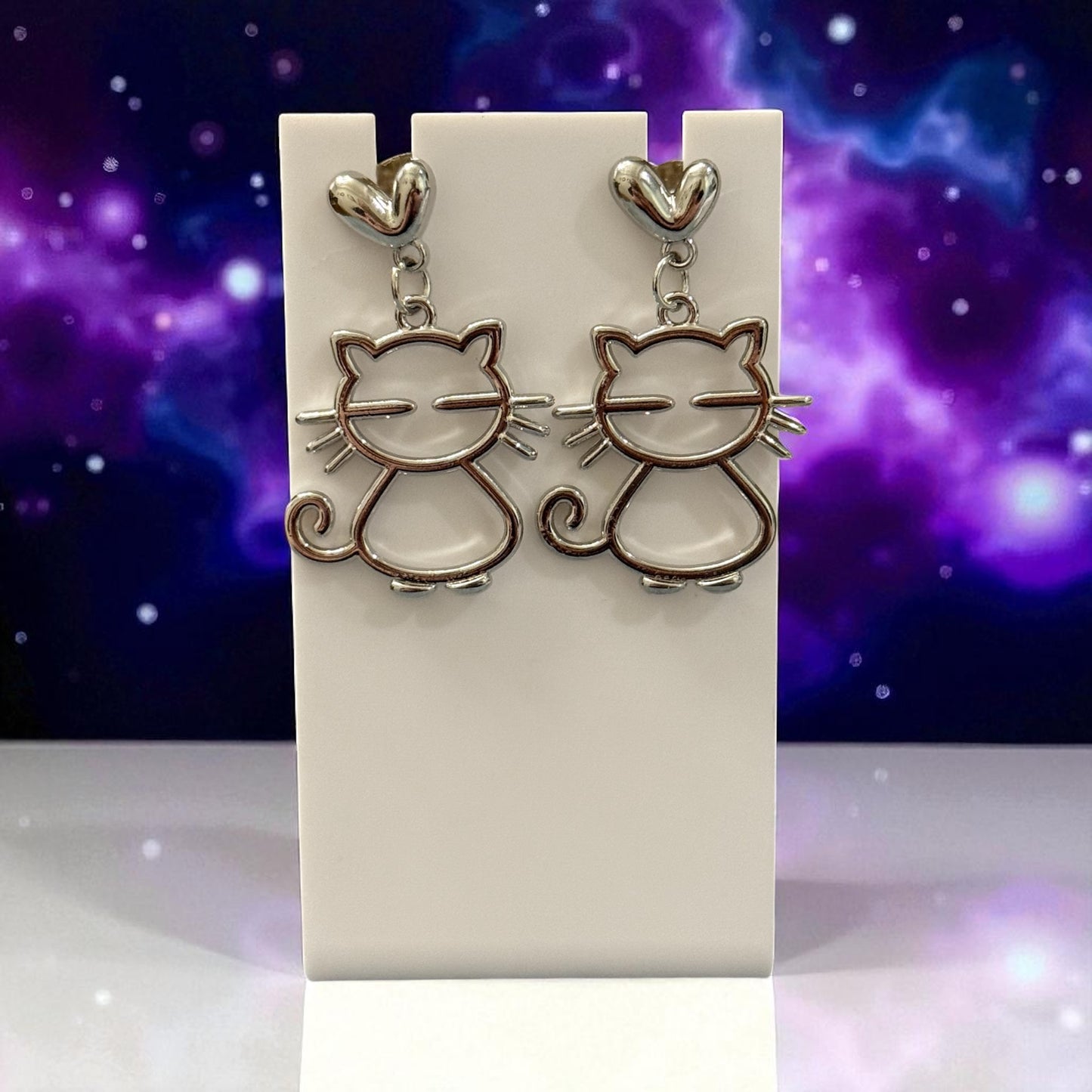 Cute Cat Earrings with Heart Studs – Silver Outline Kitty Dangle Jewelry – Whimsical Cat Lover Gift