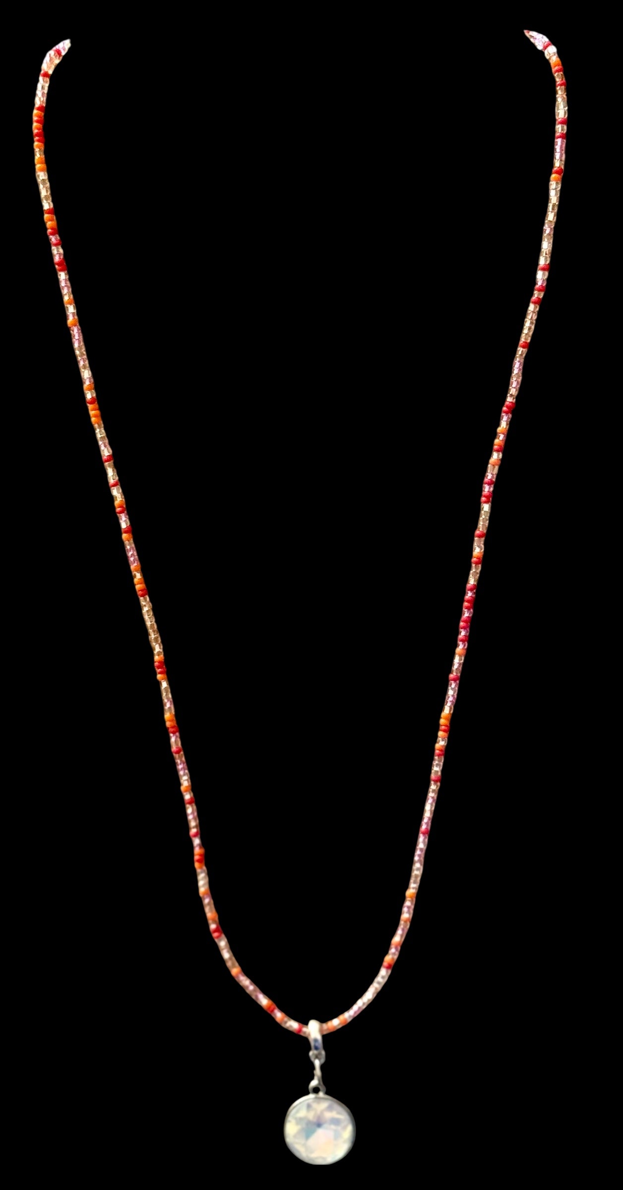 20” Delicate Czech Glass Beaded Necklace with Iridescent Pendant – Handmade Boho Jewelry