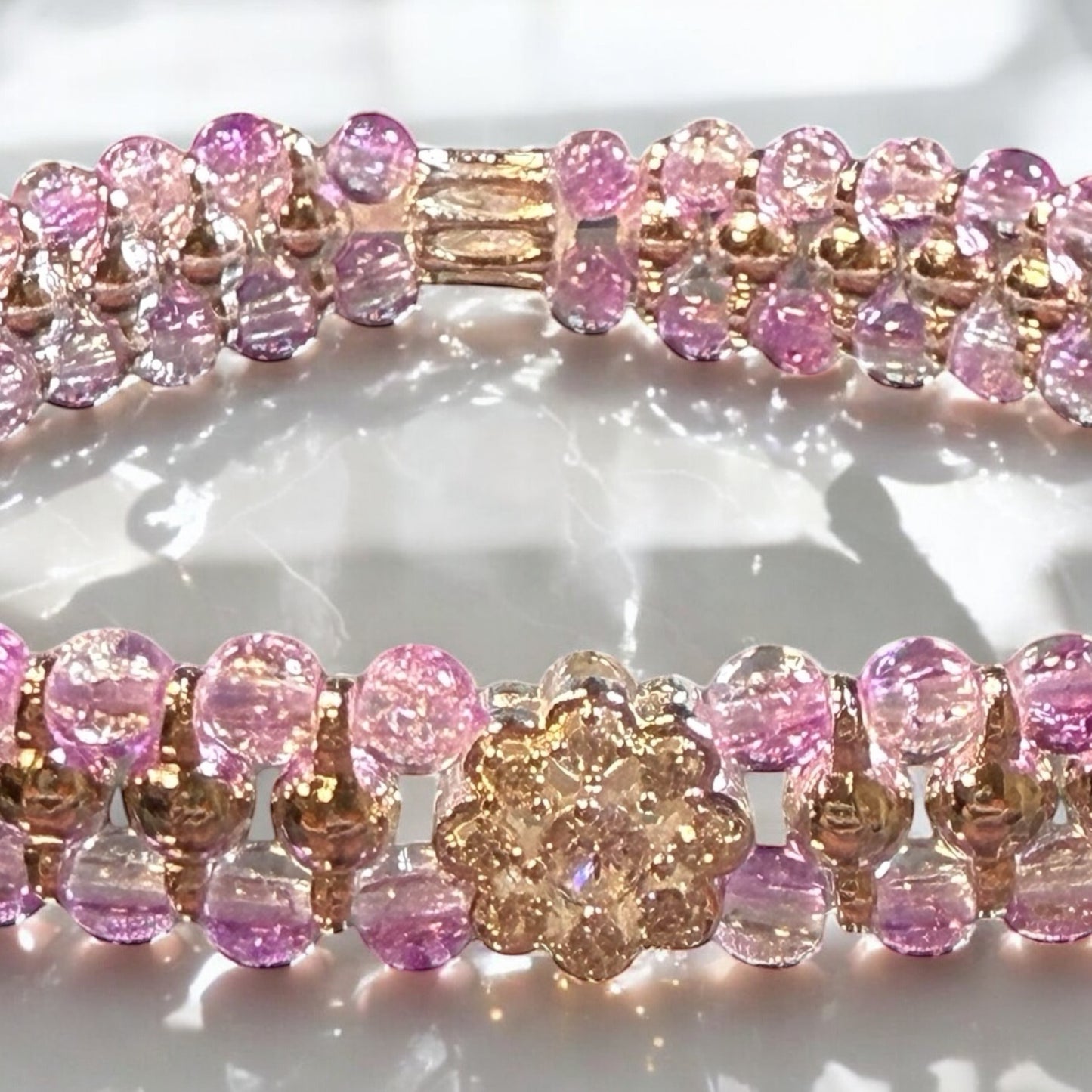 Light Purple Crackle Dual Strand Stretch Bracelet with Rhinestone Focal Bling 8"