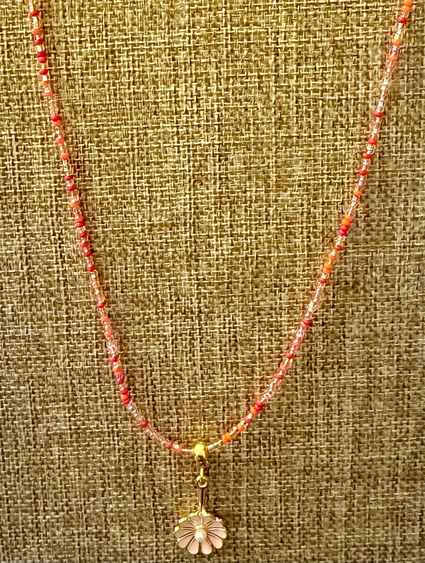 20” Czech Glass Beaded Necklace with Pink Daisy Pendant – Gold Accent & Lobster Clasp