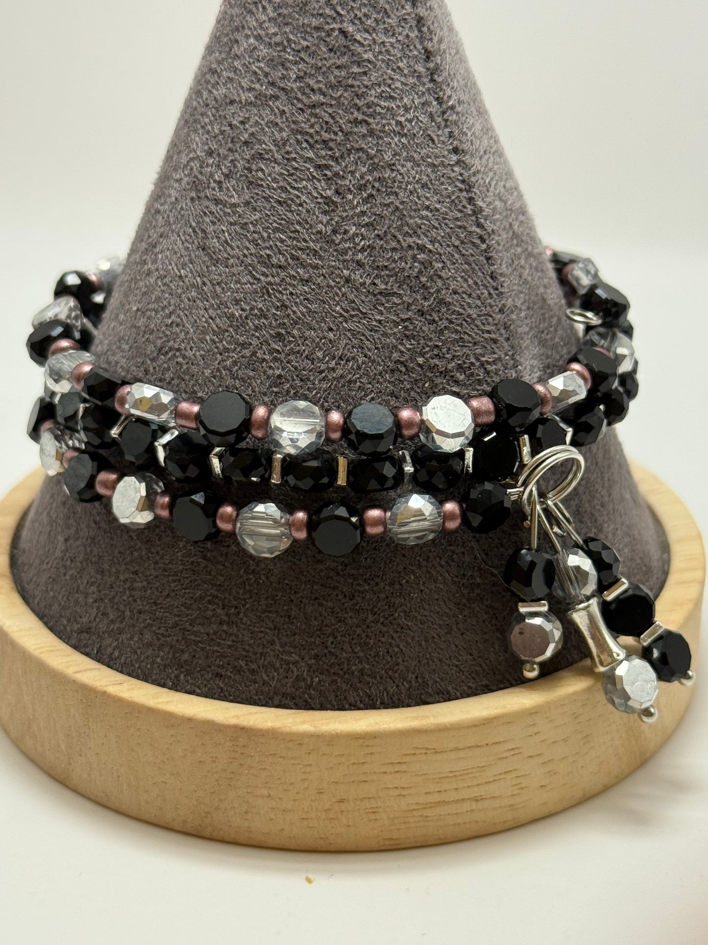 Elegant Black and Silver Beaded Wrap Bracelet – Crystal Glass Memory Wire Bracelet with Matching Charm – Handmade Jewelry