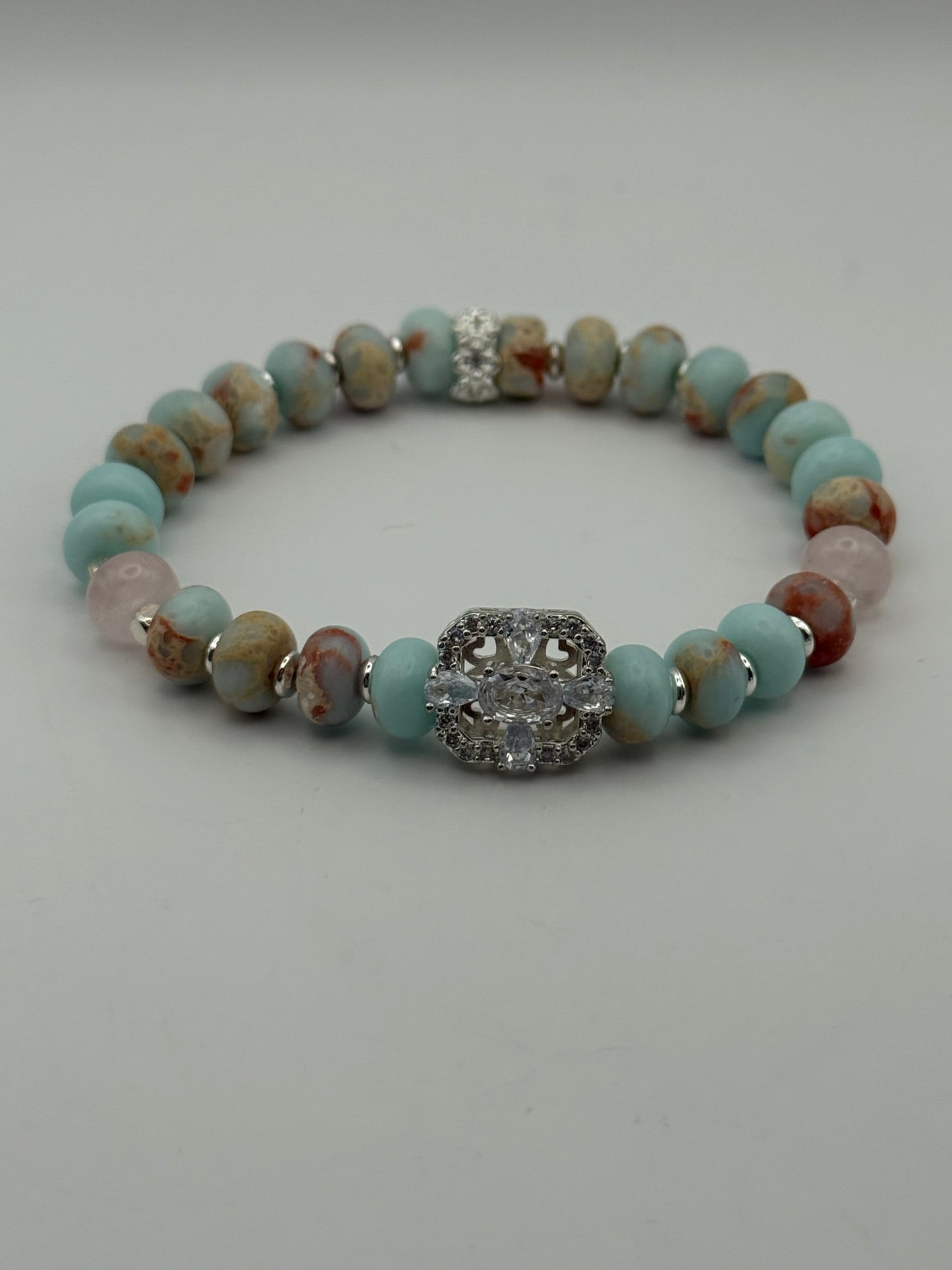 Shoushan Stone Stretch Bracelet with silver rhinestone focal 7.5"