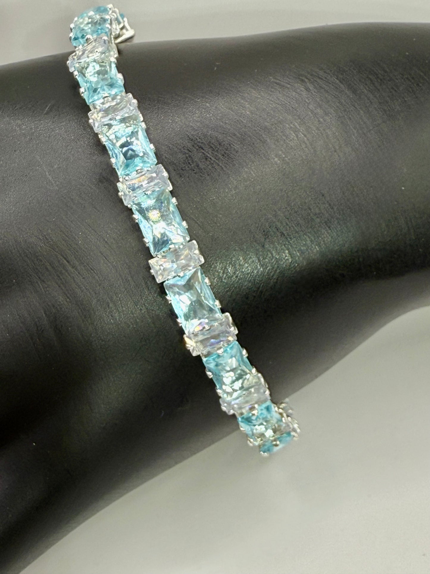 Sky Blue and Clear Rhinestone Tennis Bracelet – 7.5” Sparkly Bracelet – Handmade Statement Jewelry