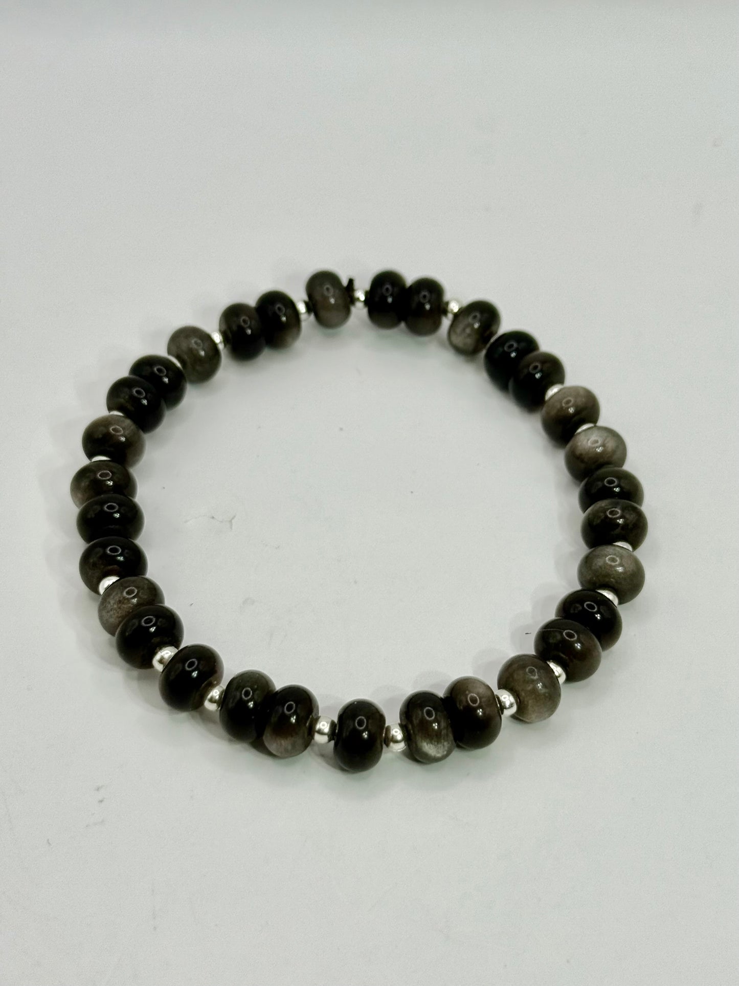 Silver Obsidian Bracelet – 7.5" Stretch Gemstone Bracelet – Unisex Protection Jewelry – Handmade Crystal Beaded Bracelet