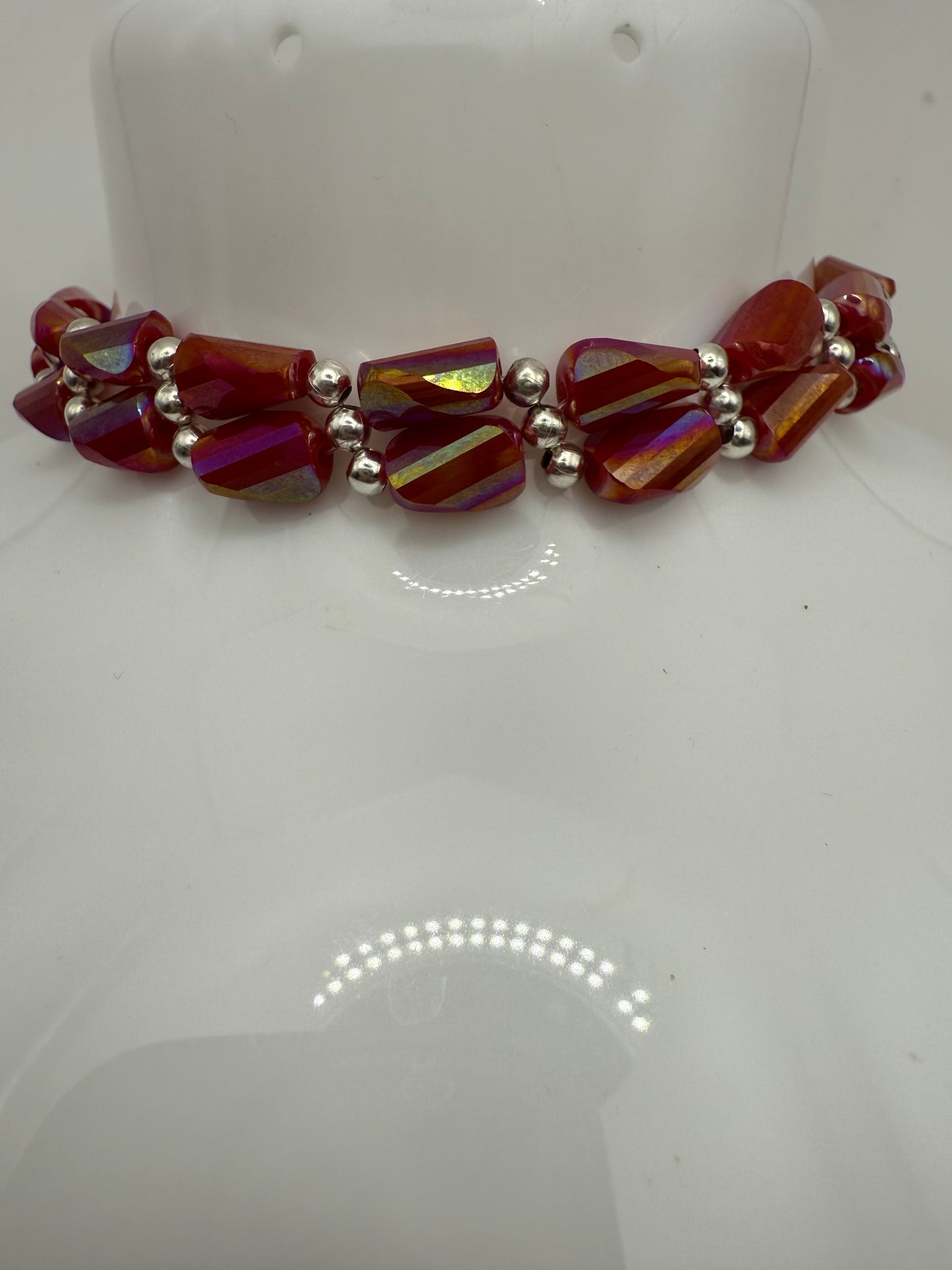 Red Iridescent Crystal Bracelet – 7.75” Clasp – Handmade Beaded Bracelet