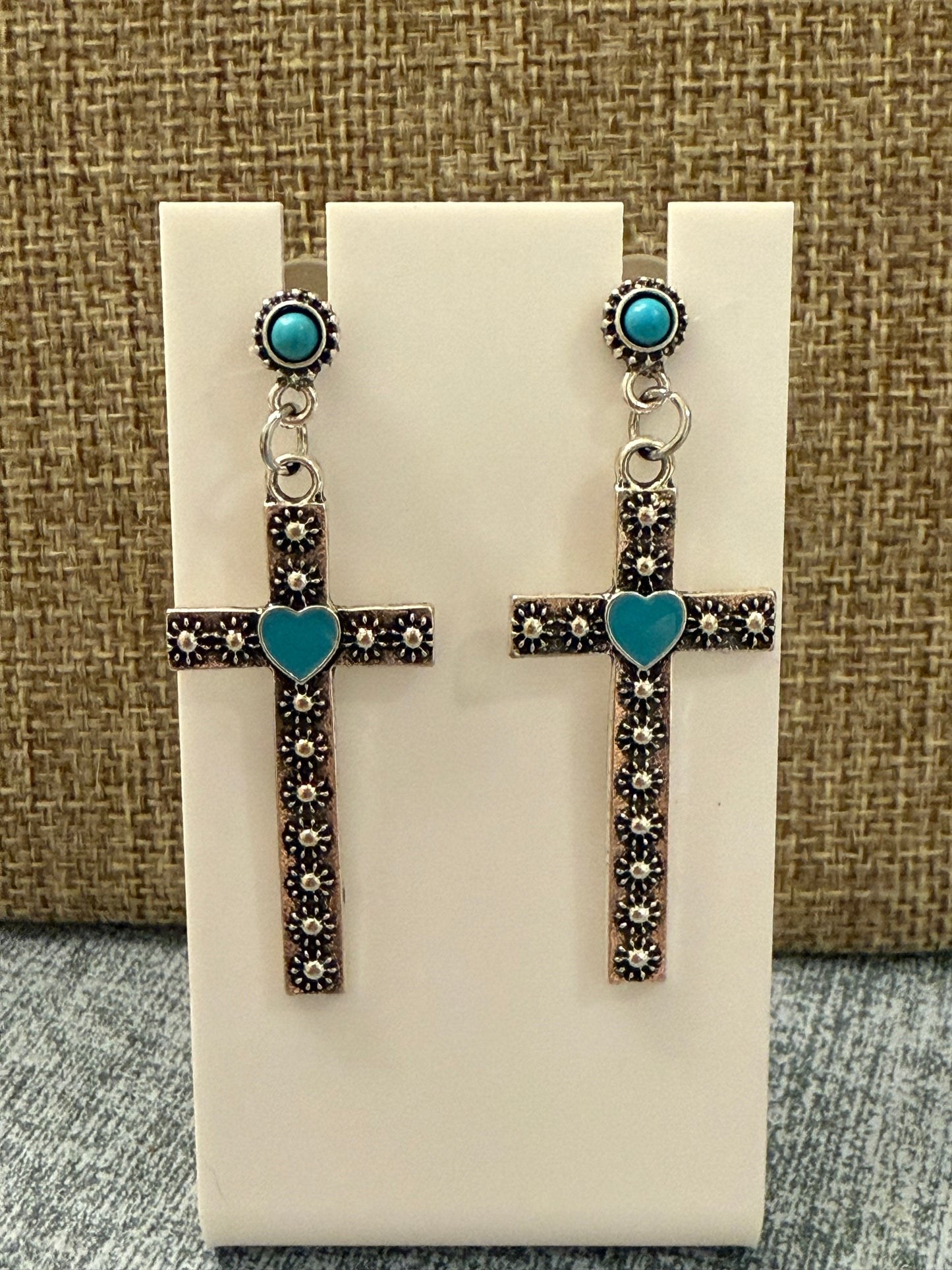 Western Cross Earrings with Turquoise Heart – Vintage Style Dangle Earrings – Faith Inspired Boho Jewelry Gift for Her
